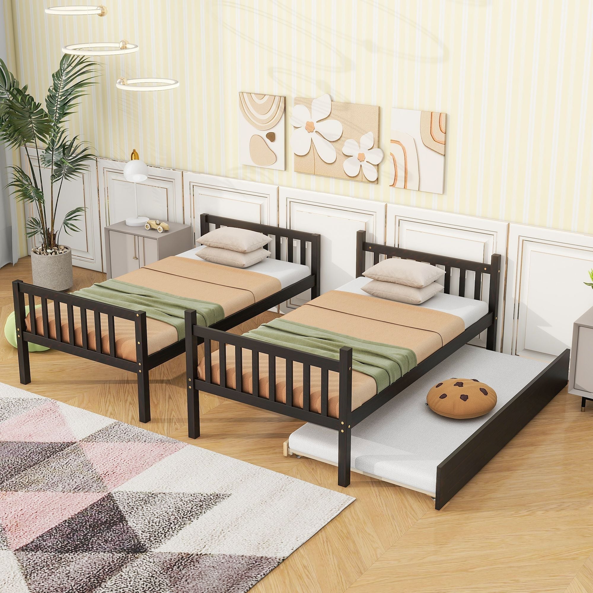 Space-Saving Twin Over Twin Wood Bunk Bed with Trundle, Ladder, and Guardrails in Espresso | Just Better Bunk Beds
