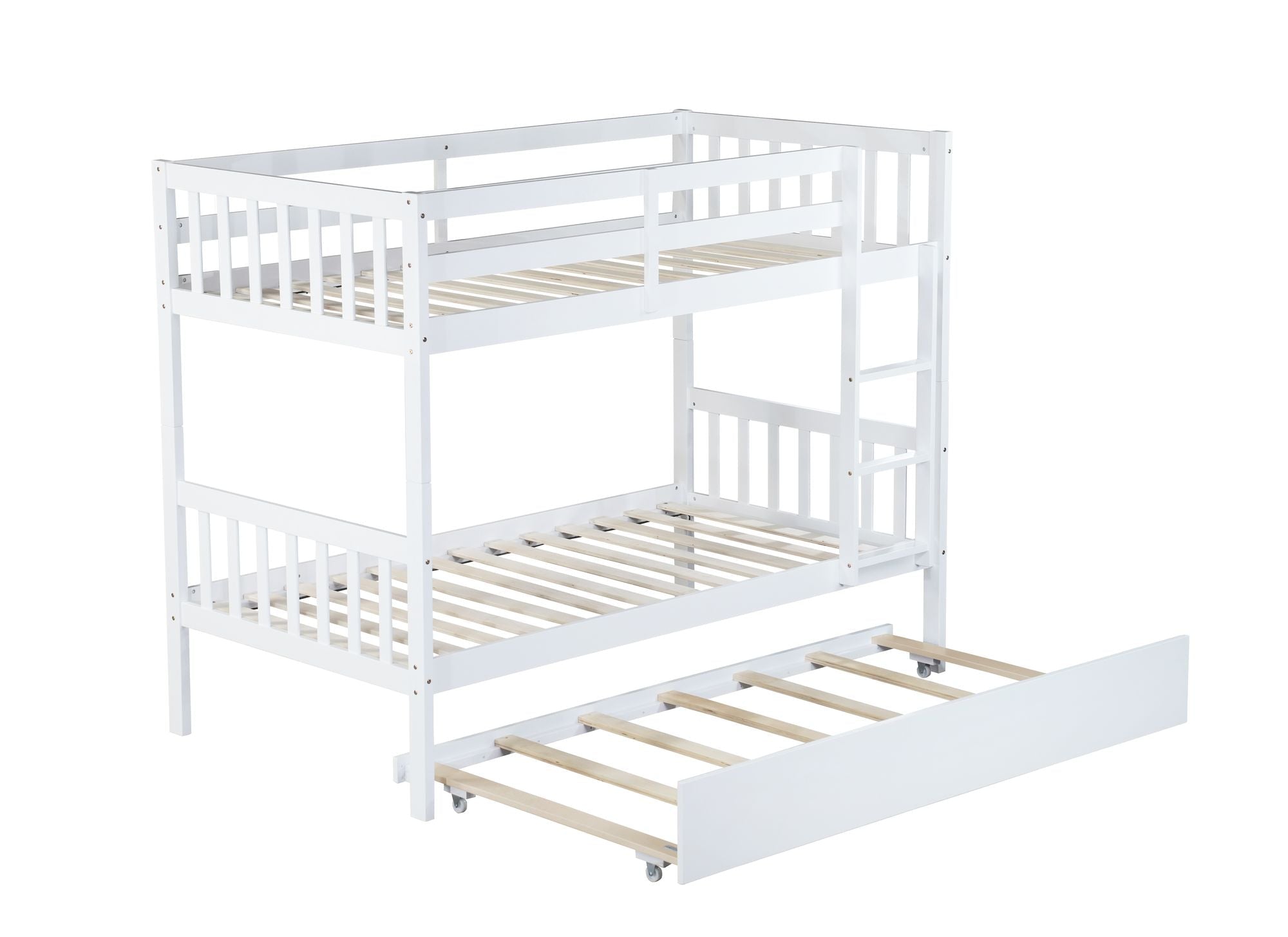 Space-Saving Twin Over Twin Wood Bunk Bed with Trundle, Ladder, Guardrails, White | Just Better Bunk Beds