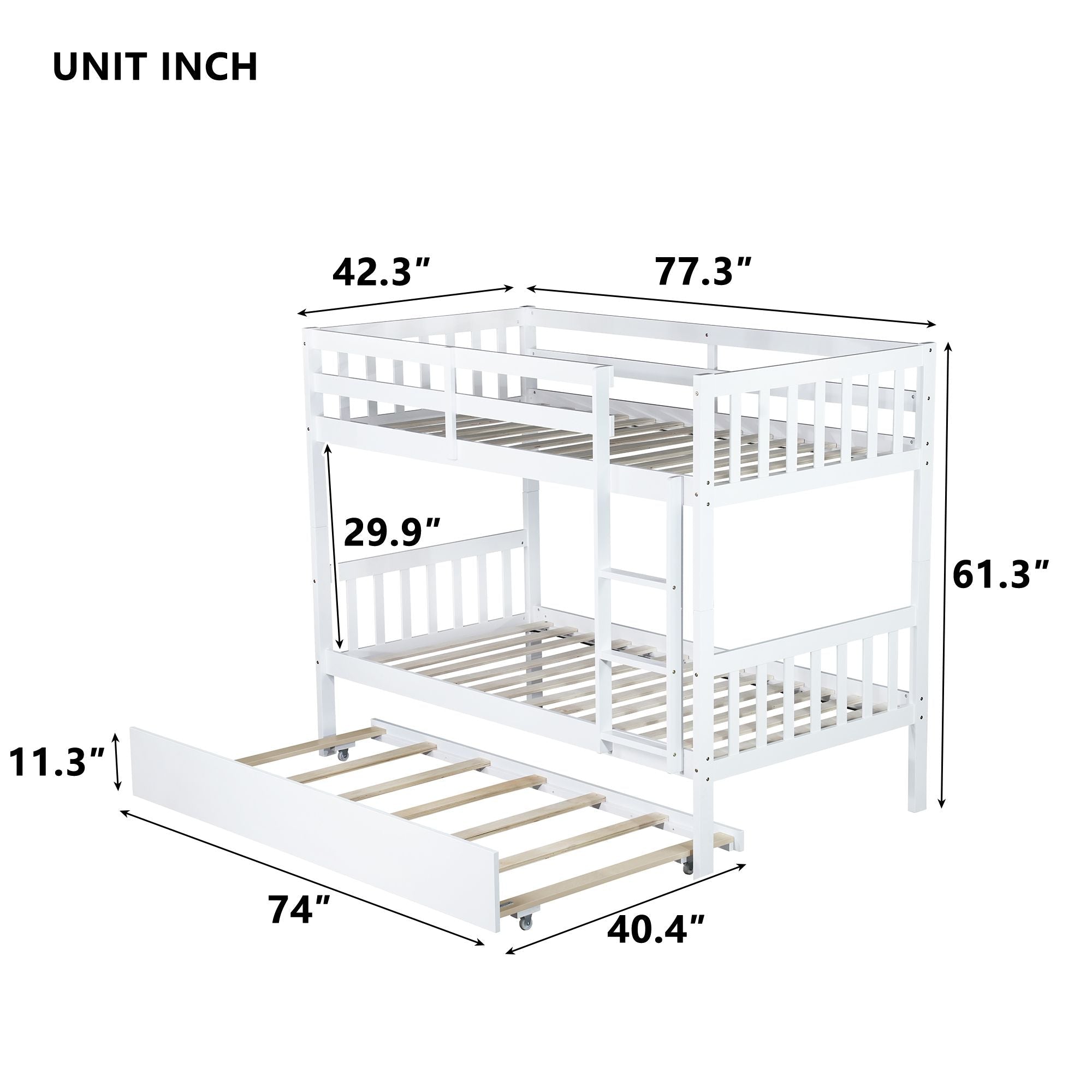 Space-Saving Twin Over Twin Wood Bunk Bed with Trundle, Ladder, Guardrails, White | Just Better Bunk Beds