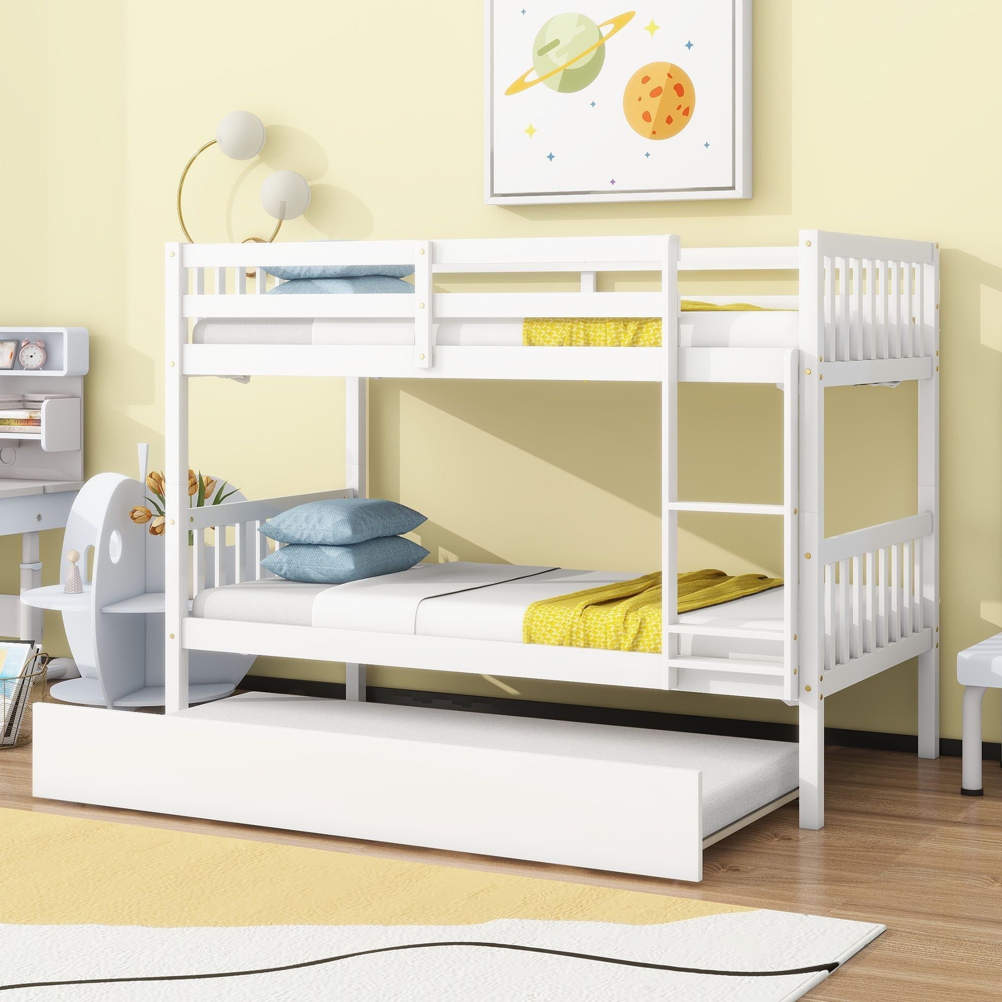 Space-Saving Twin Over Twin Wood Bunk Bed with Trundle, Ladder, Guardrails, White | Just Better Bunk Beds