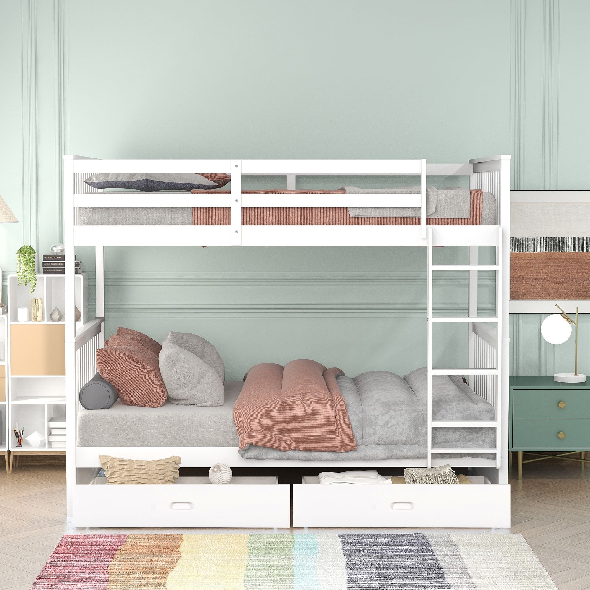 Space-Saving Twin Over Twin Wood Bunk Bed with Two Storage Drawers and Ladders in Multiple Finishes | Just Better Bunk Beds