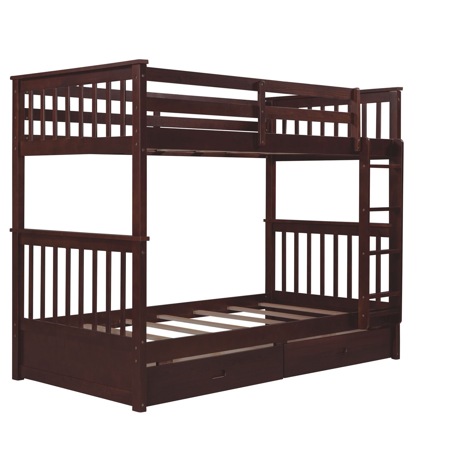 Space-Saving Twin Over Twin Wood Bunk Bed with Two Storage Drawers and Ladders in Multiple Finishes | Just Better Bunk Beds