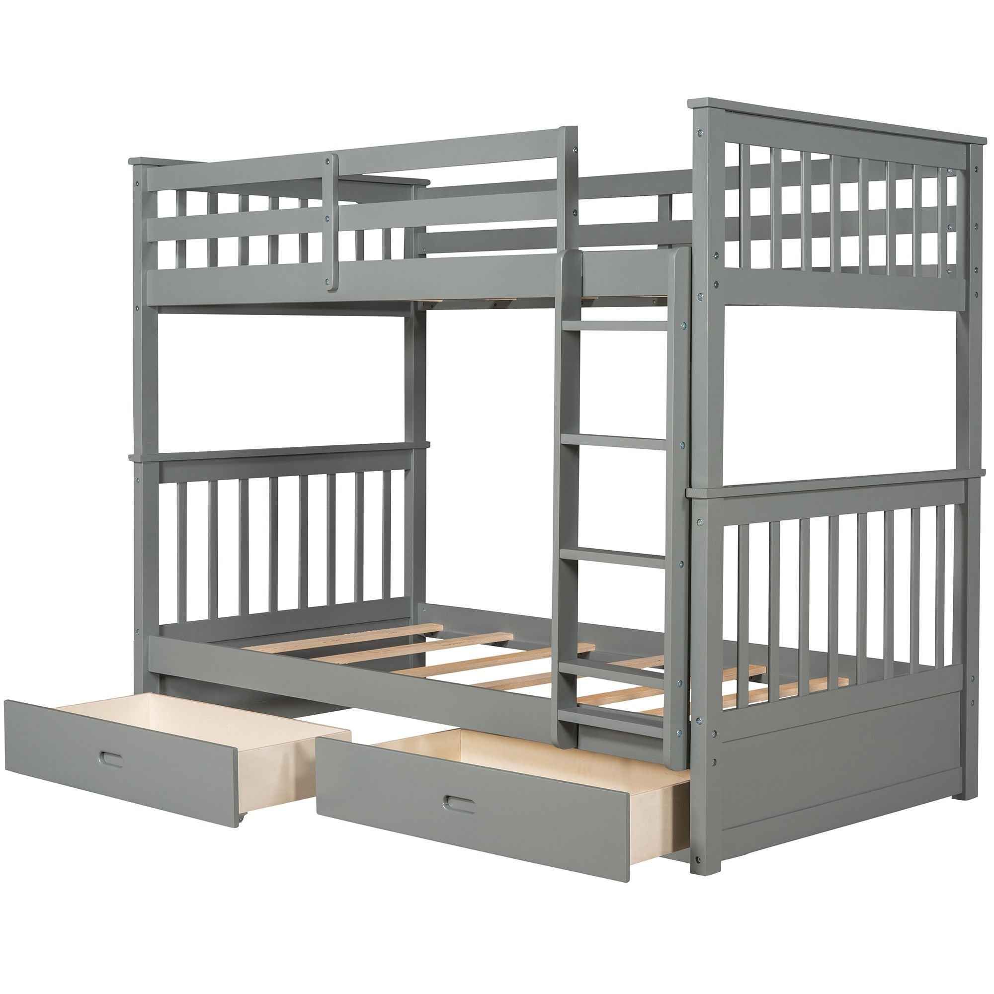 Space-Saving Twin Over Twin Wood Bunk Bed with Two Storage Drawers and Ladders in Multiple Finishes | Just Better Bunk Beds