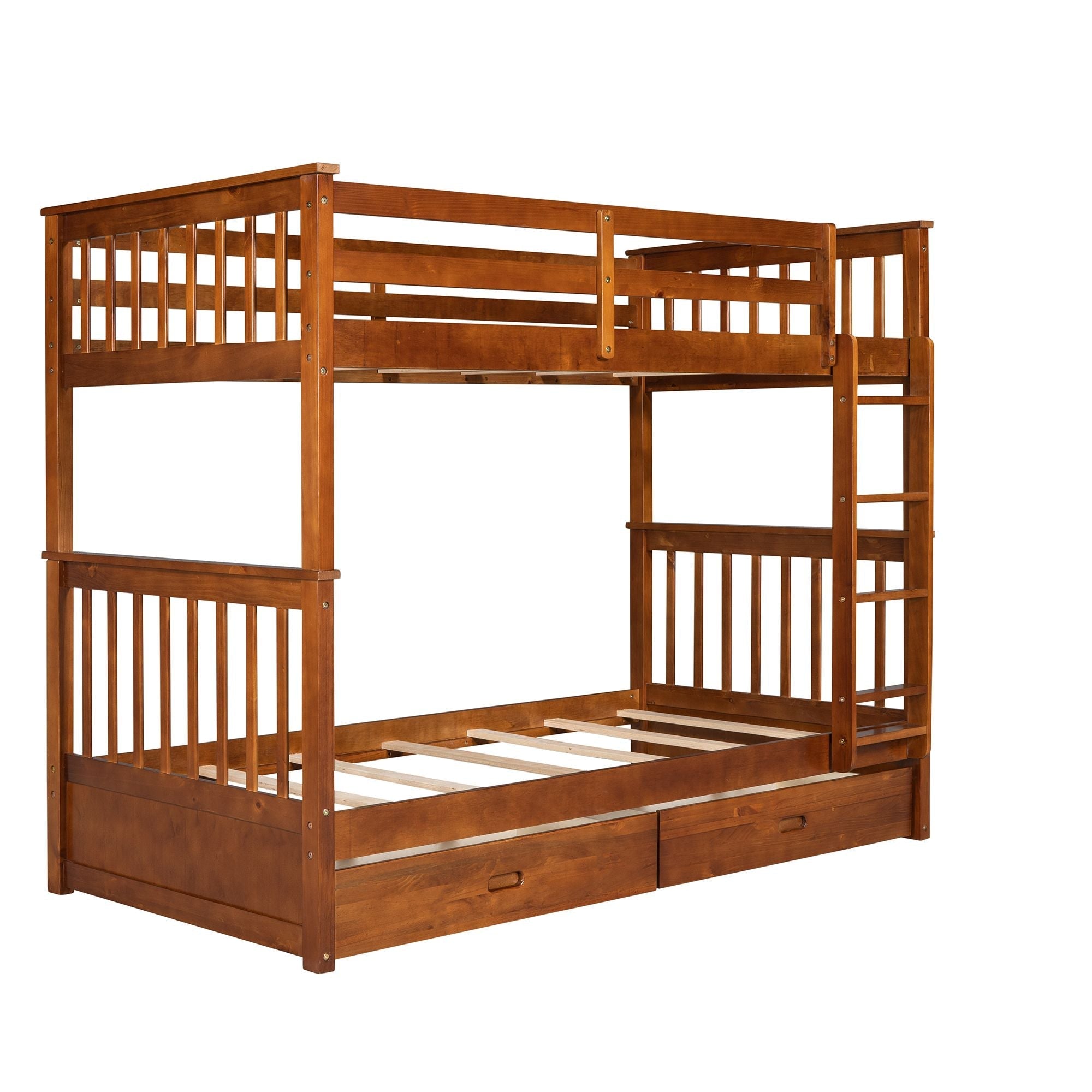Space-Saving Twin Over Twin Wood Bunk Bed with Two Storage Drawers and Ladders in Multiple Finishes | Just Better Bunk Beds