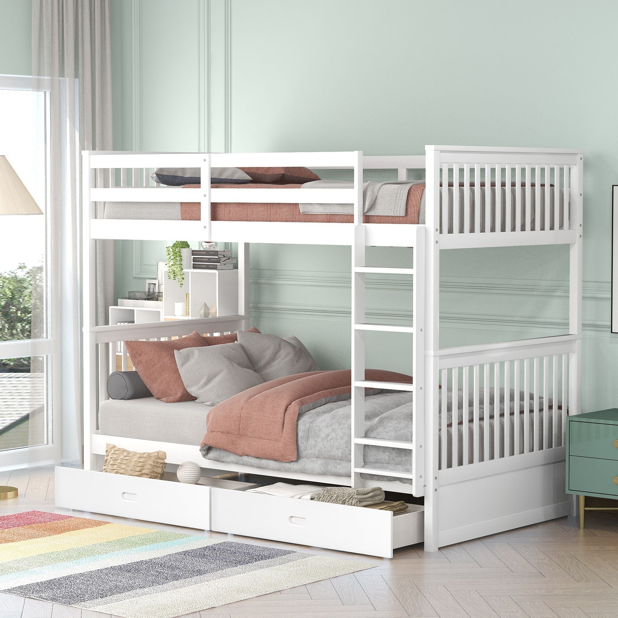 Space-Saving Twin Over Twin Wood Bunk Bed with Two Storage Drawers and Ladders in Multiple Finishes | Just Better Bunk Beds