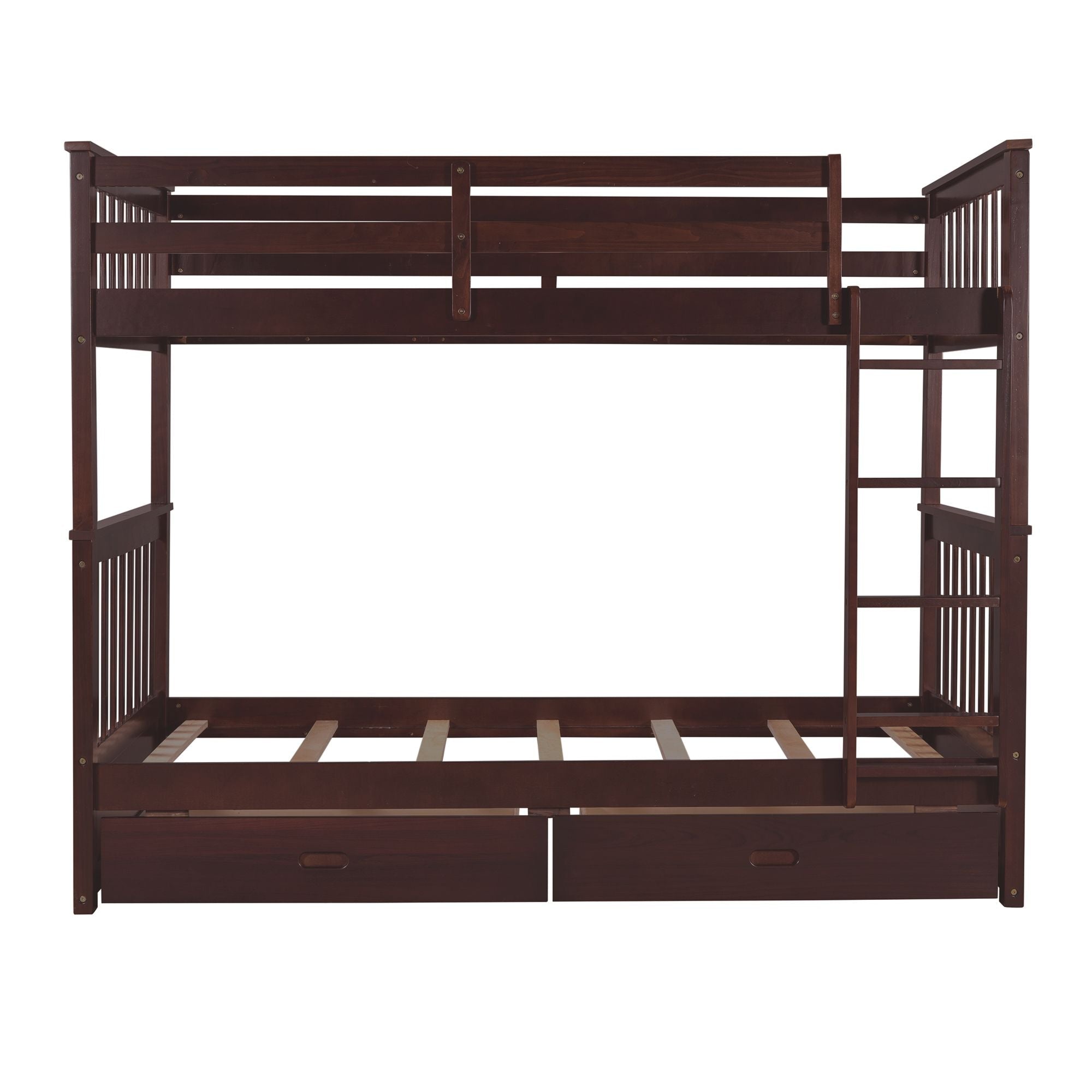 Space-Saving Twin Over Twin Wood Bunk Bed with Two Storage Drawers and Ladders in Multiple Finishes | Just Better Bunk Beds