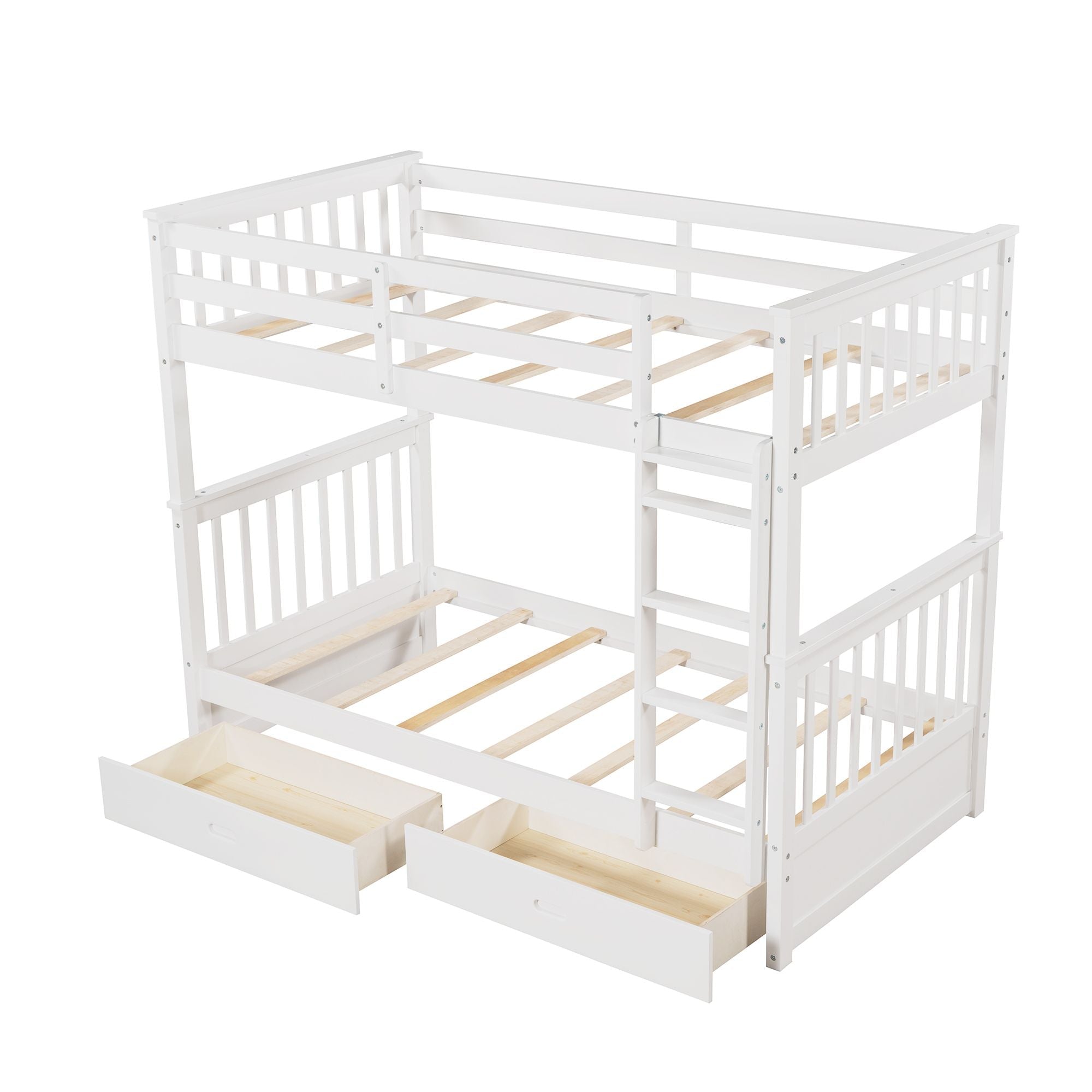 Space-Saving Twin Over Twin Wood Bunk Bed with Two Storage Drawers and Ladders in Multiple Finishes | Just Better Bunk Beds