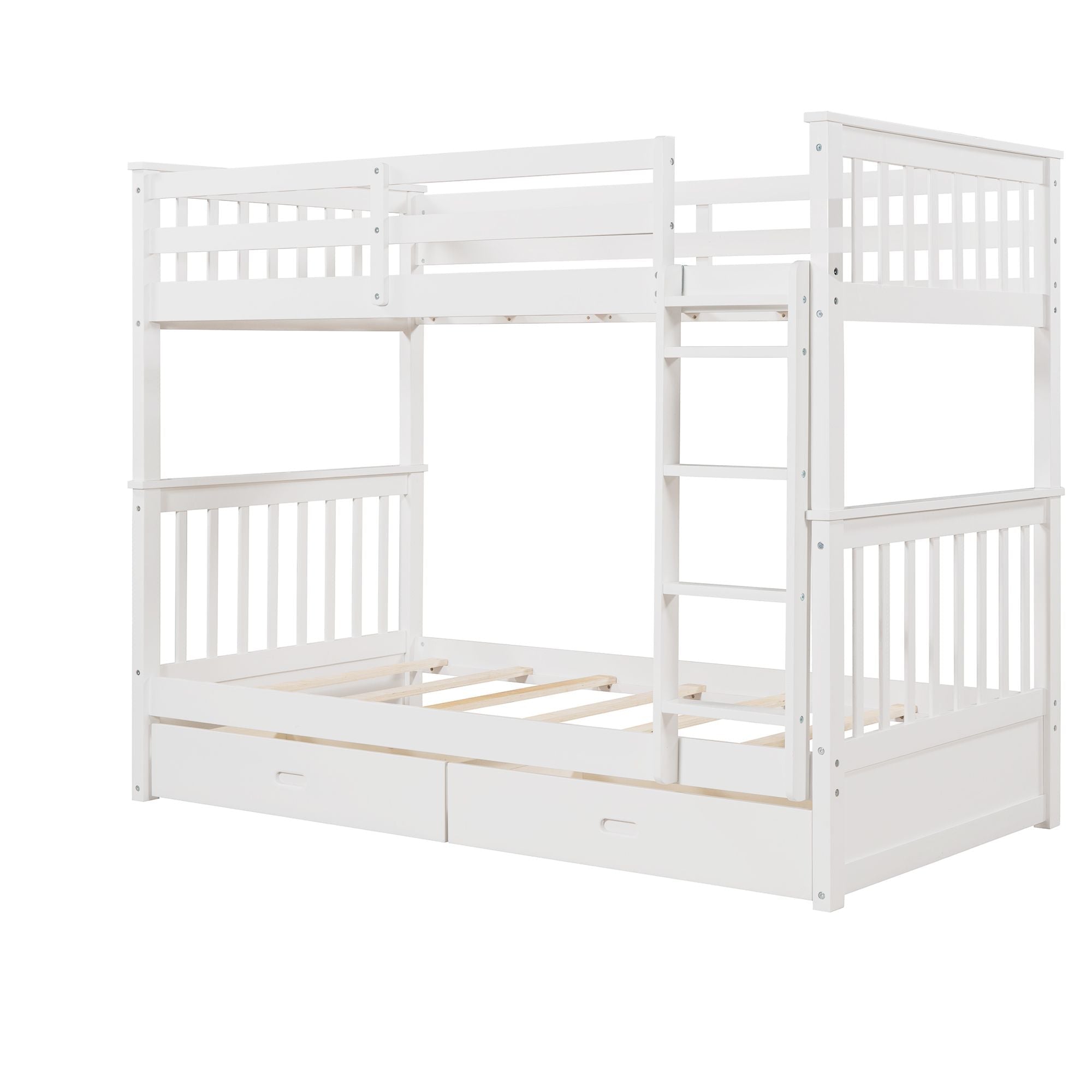 Space-Saving Twin Over Twin Wood Bunk Bed with Two Storage Drawers and Ladders in Multiple Finishes | Just Better Bunk Beds