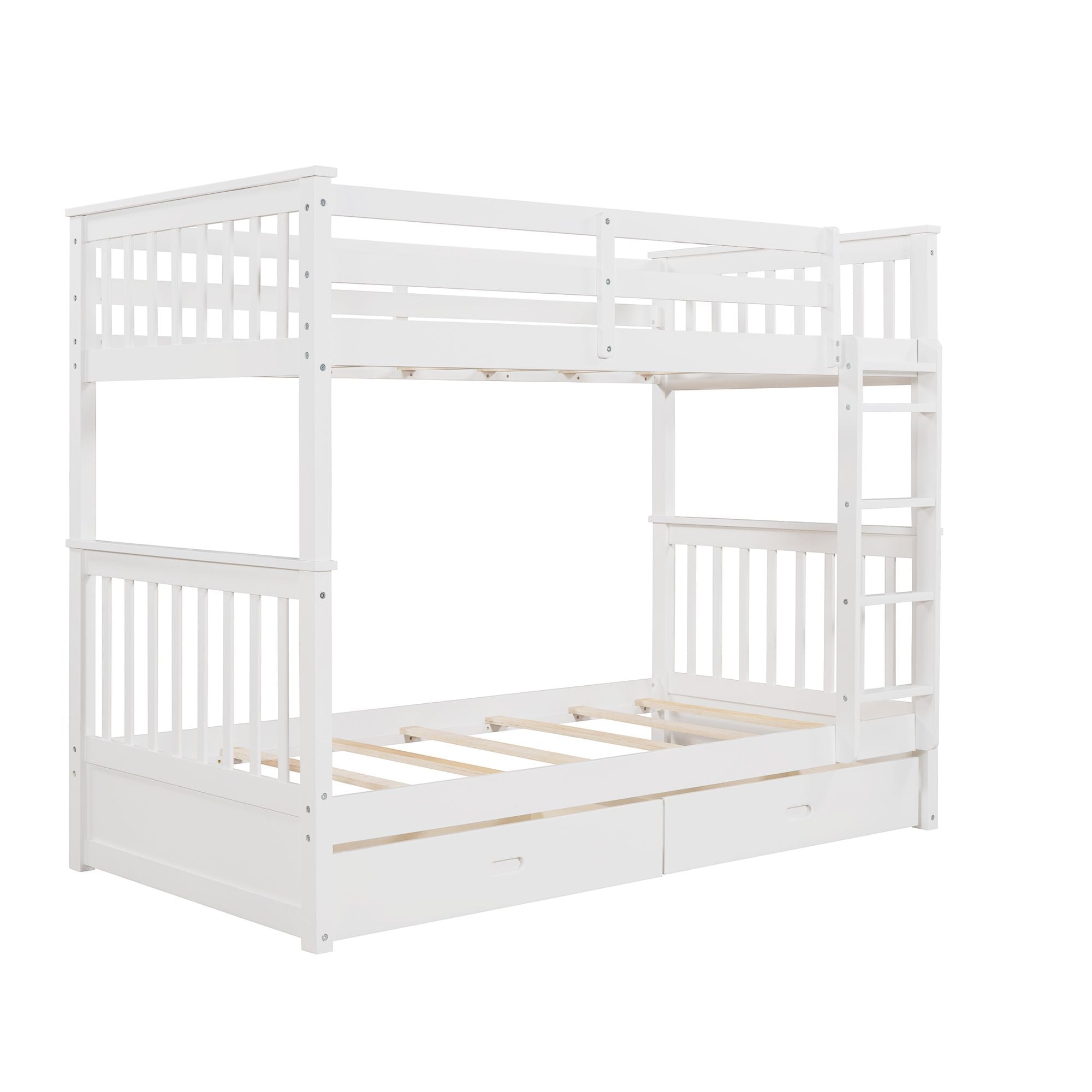 Space-Saving Twin Over Twin Wood Bunk Bed with Two Storage Drawers and Ladders in Multiple Finishes | Just Better Bunk Beds