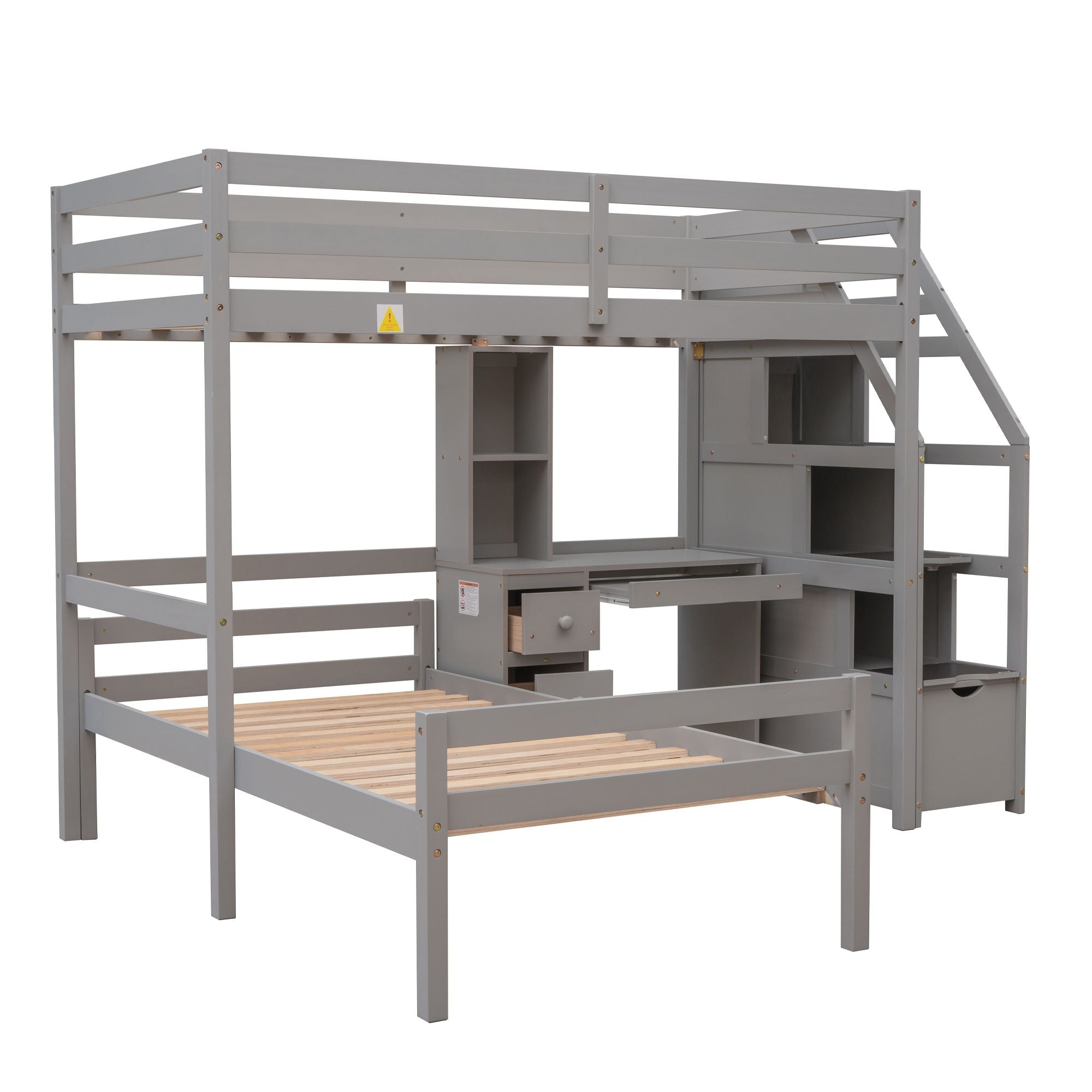 Space-Saving Twin Over Twin Wood Loft Bed with Desk, Storage Staircase, Stand-Alone Bed in White | Just Better Bunk Beds