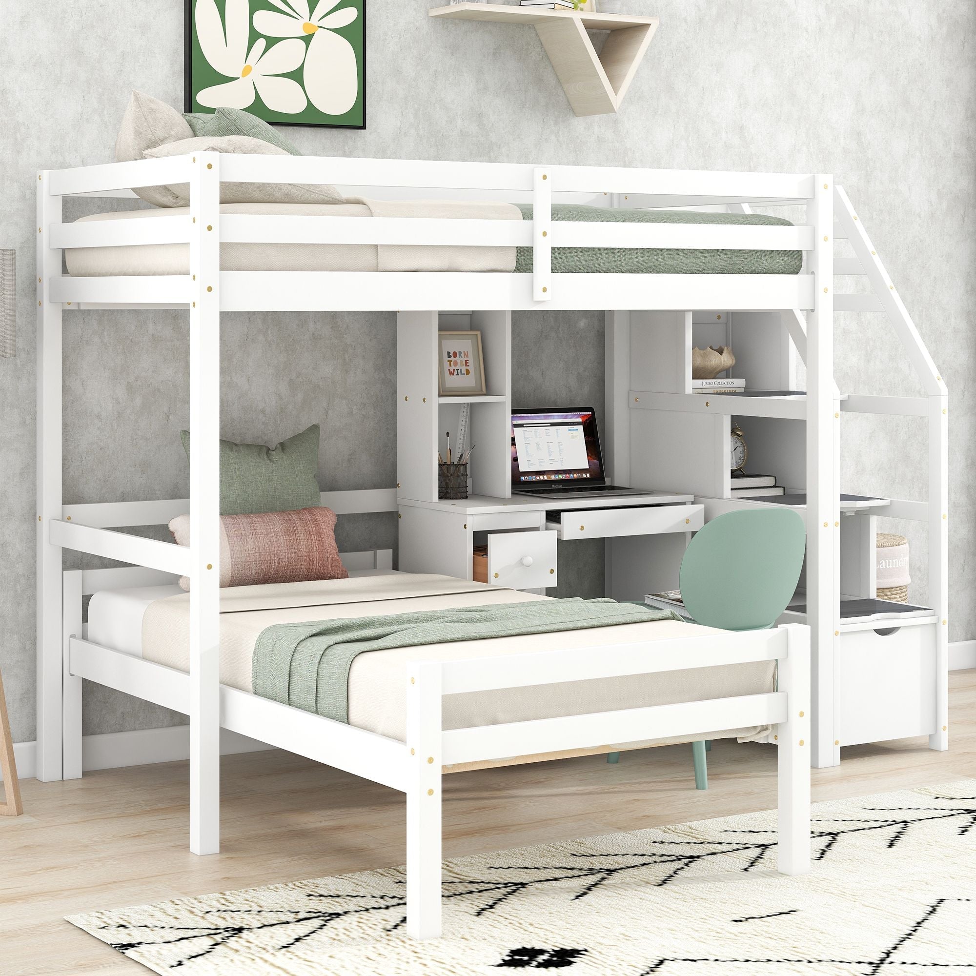 Space-Saving Twin Over Twin Wood Loft Bed with Desk, Storage Staircase, Stand-Alone Bed in White | Just Better Bunk Beds