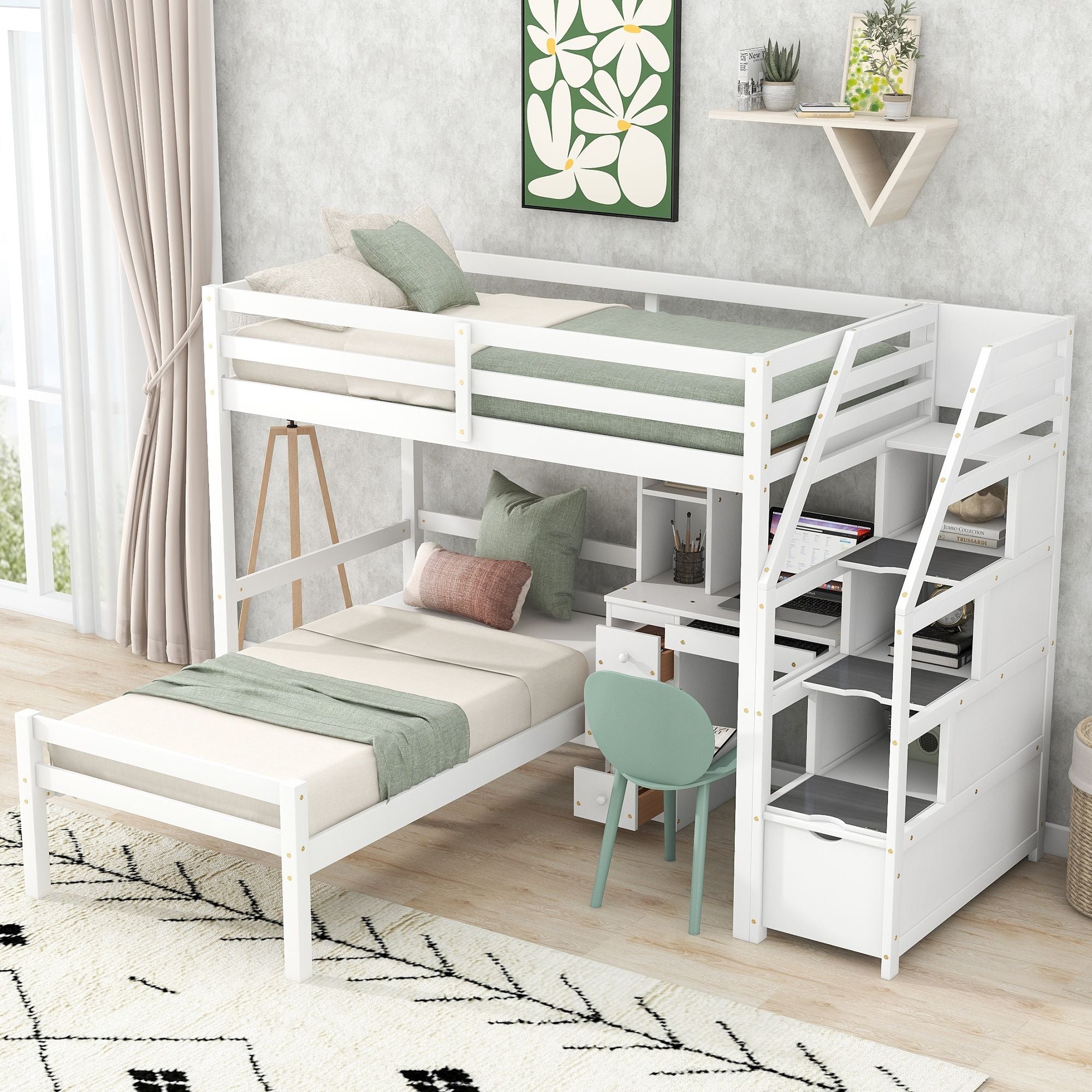 Space-Saving Twin Over Twin Wood Loft Bed with Desk, Storage Staircase, Stand-Alone Bed in White | Just Better Bunk Beds