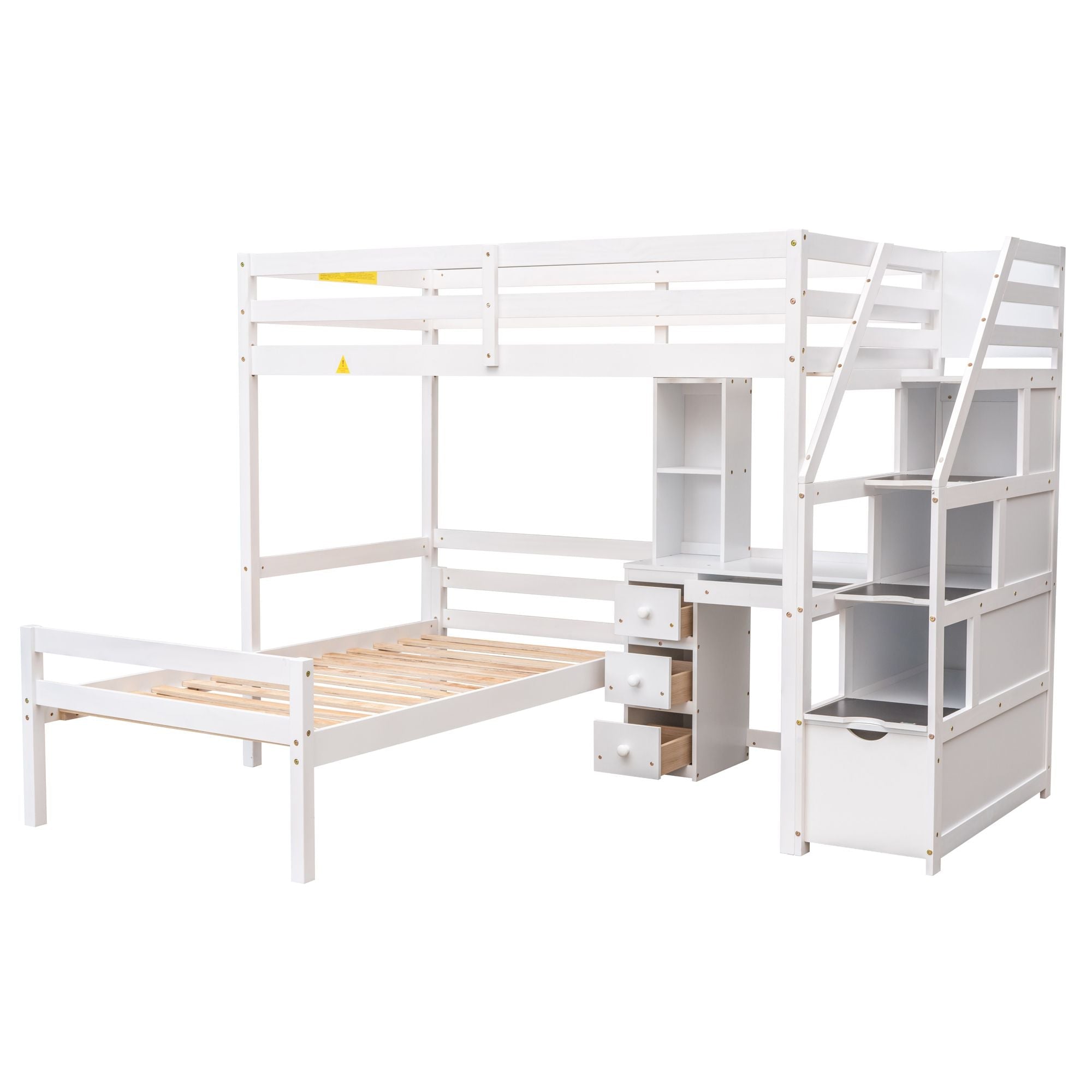 Space-Saving Twin Over Twin Wood Loft Bed with Desk, Storage Staircase, Stand-Alone Bed in White | Just Better Bunk Beds