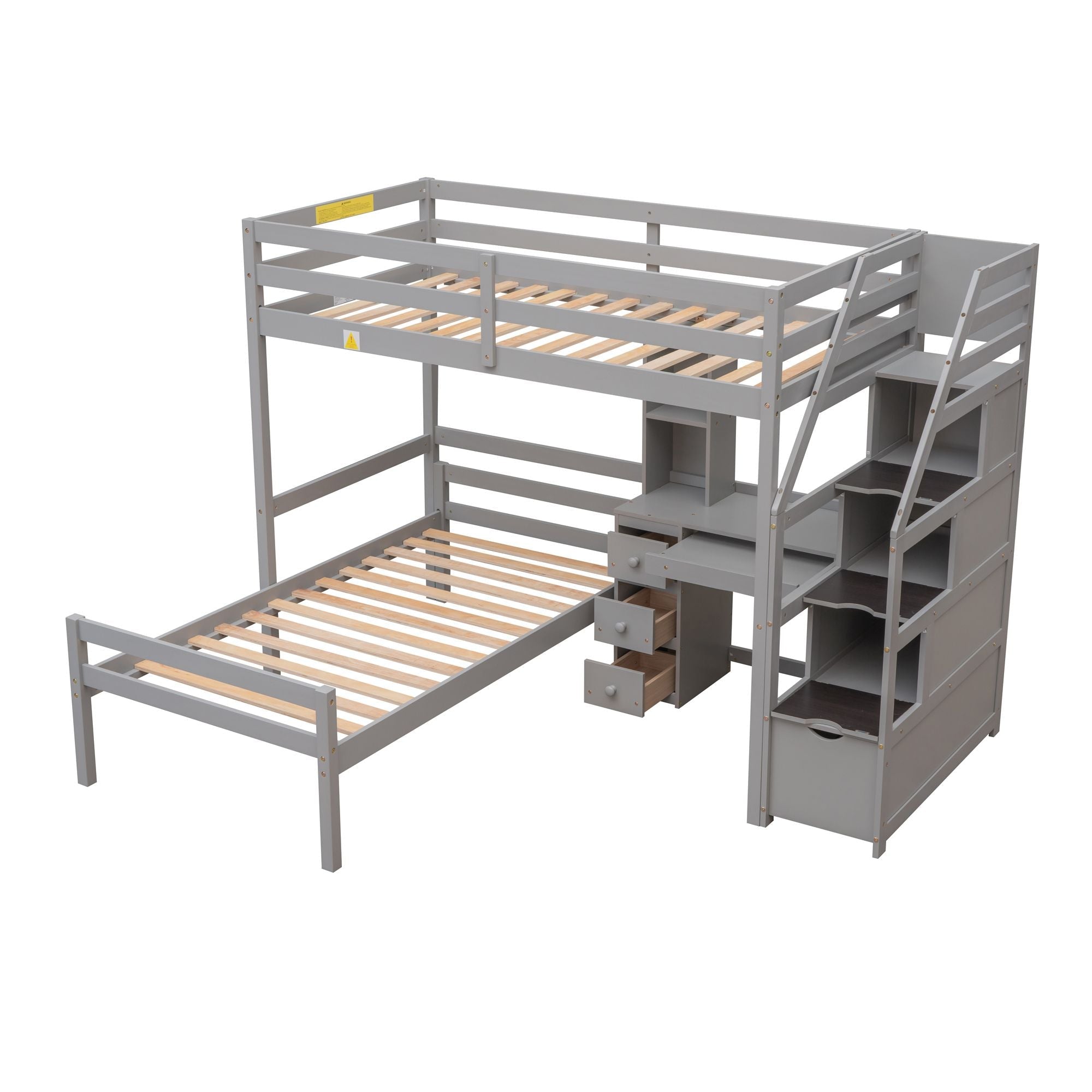 Space-Saving Twin Over Twin Wood Loft Bed with Desk, Storage Staircase, Stand-Alone Bed in White | Just Better Bunk Beds