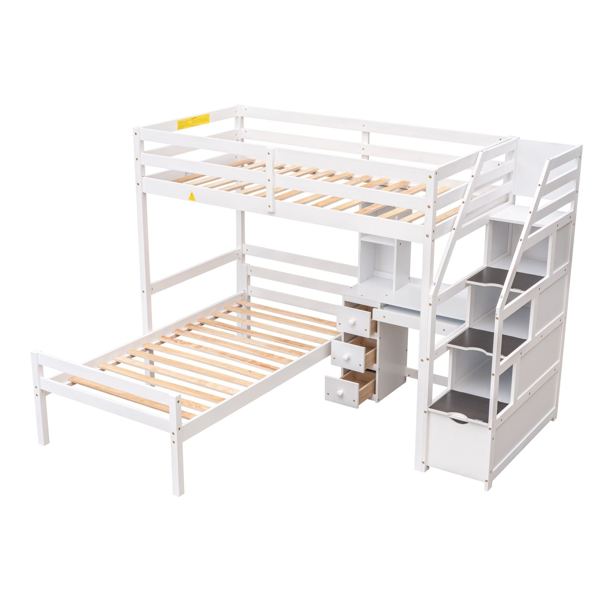 Space-Saving Twin Over Twin Wood Loft Bed with Desk, Storage Staircase, Stand-Alone Bed in White | Just Better Bunk Beds