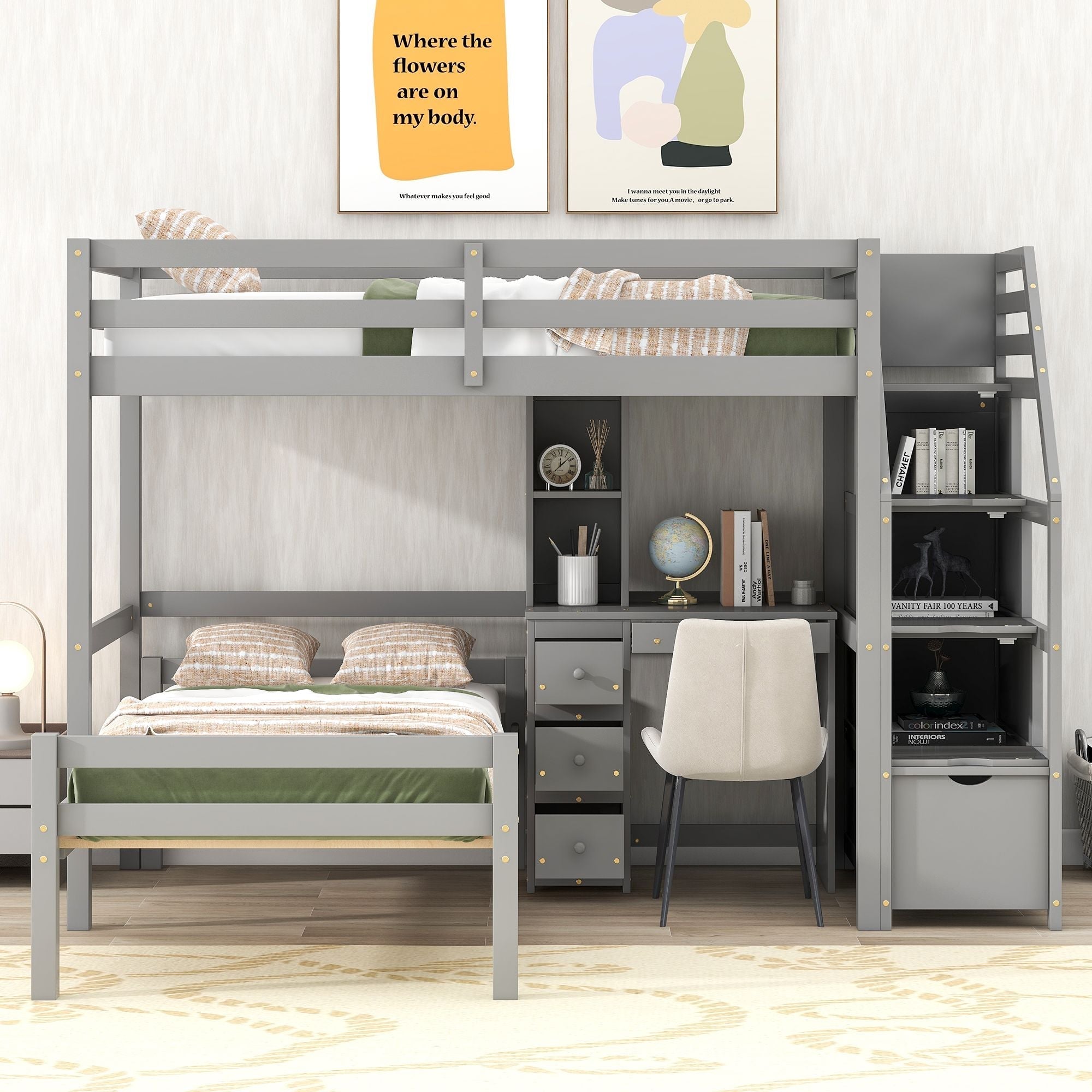 Space-Saving Twin Over Twin Wood Loft Bed with Desk, Storage Staircase, Stand-Alone Bed in White | Just Better Bunk Beds