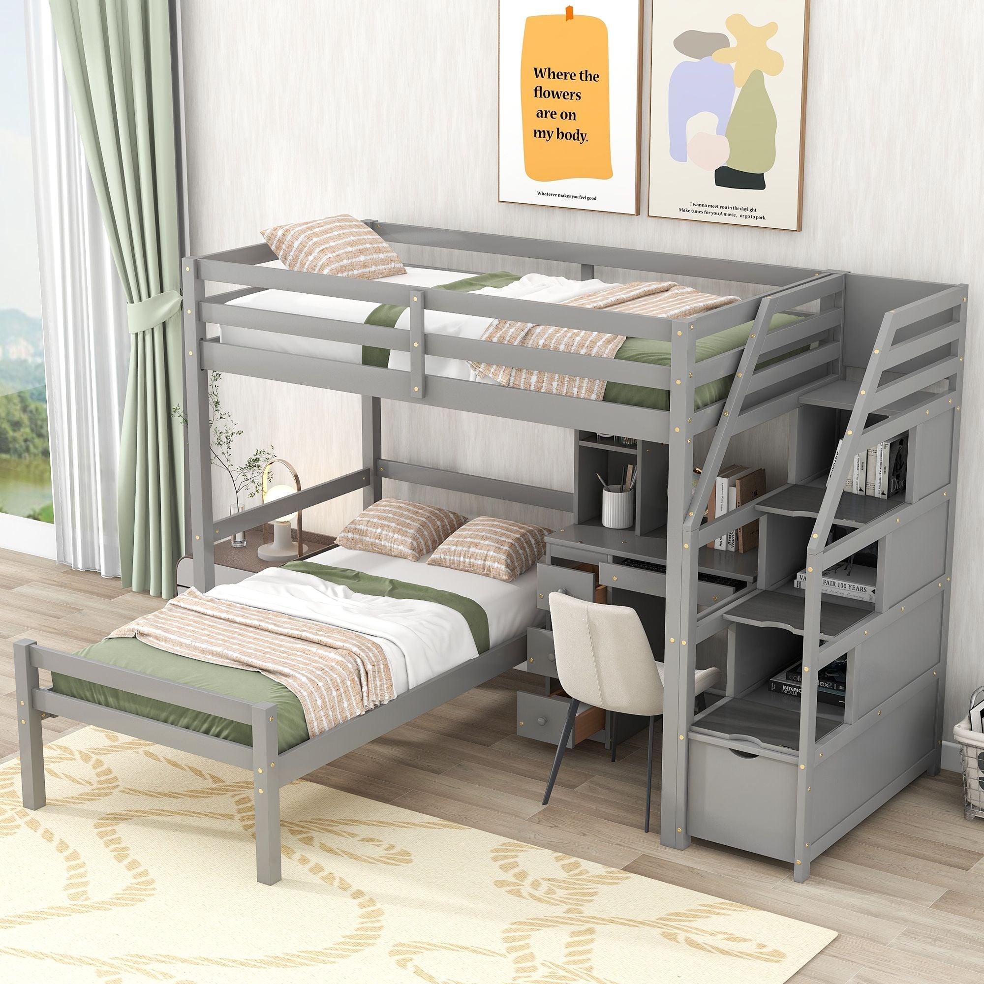 Space-Saving Twin Over Twin Wood Loft Bed with Desk, Storage Staircase, Stand-Alone Bed in White | Just Better Bunk Beds