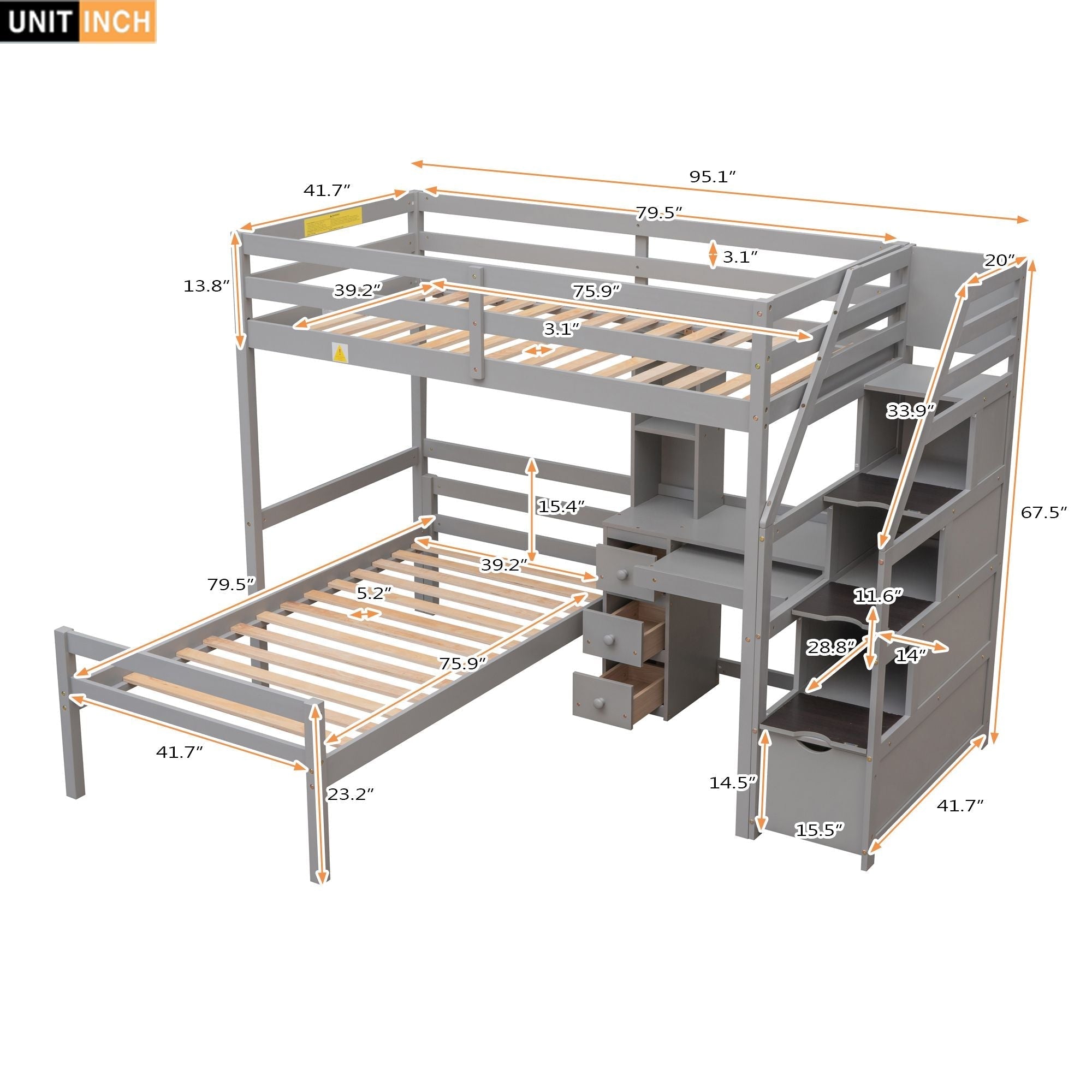 Space-Saving Twin Over Twin Wood Loft Bed with Desk, Storage Staircase, Stand-Alone Bed in White | Just Better Bunk Beds