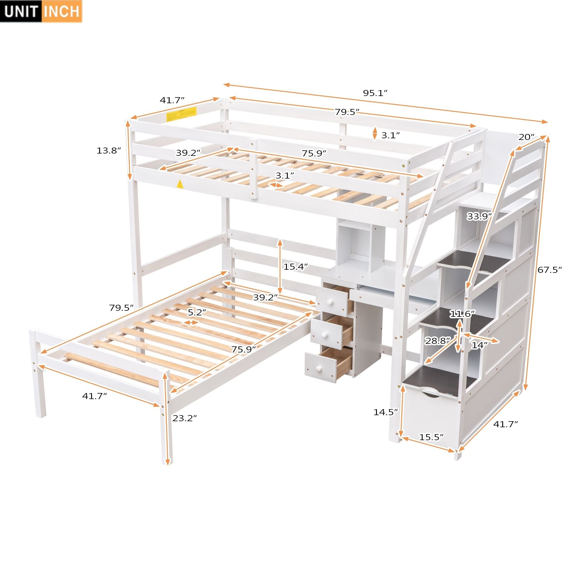 Space-Saving Twin Over Twin Wood Loft Bed with Desk, Storage Staircase, Stand-Alone Bed in White | Just Better Bunk Beds