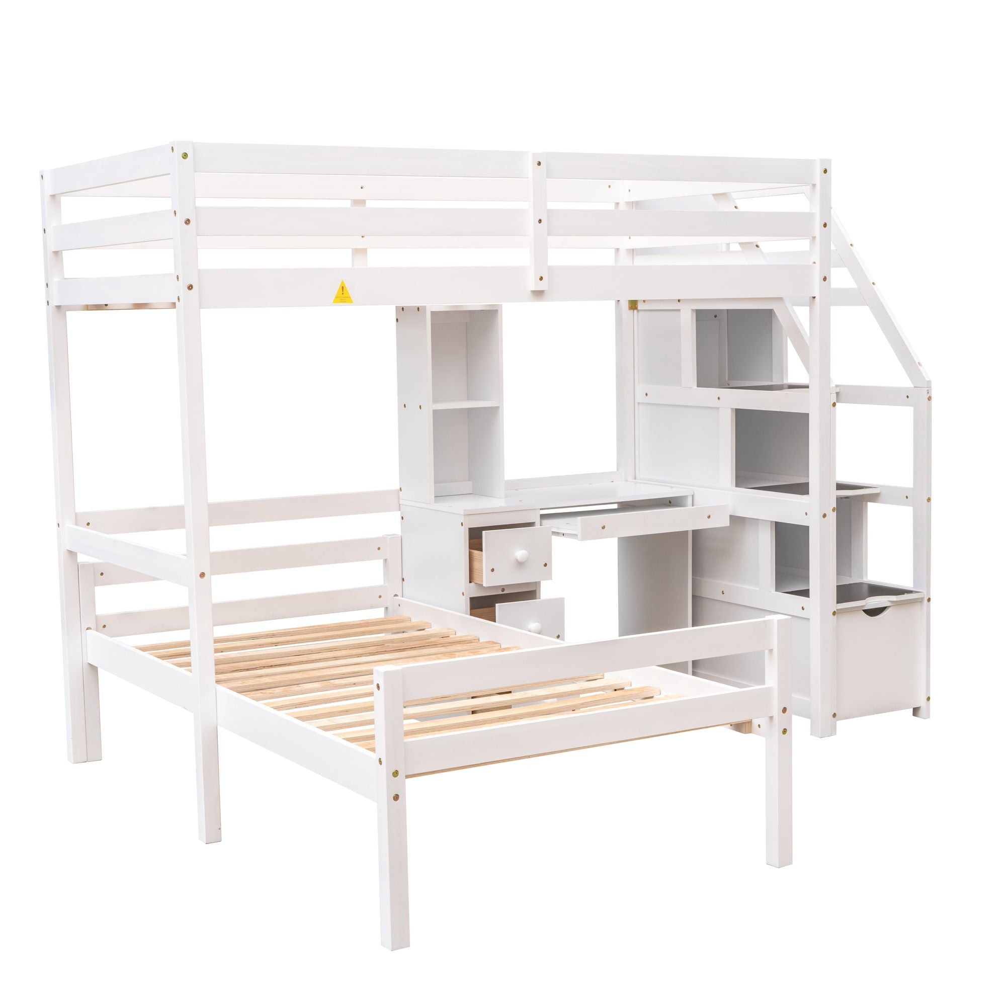 Space-Saving Twin Over Twin Wood Loft Bed with Desk, Storage Staircase, Stand-Alone Bed in White | Just Better Bunk Beds