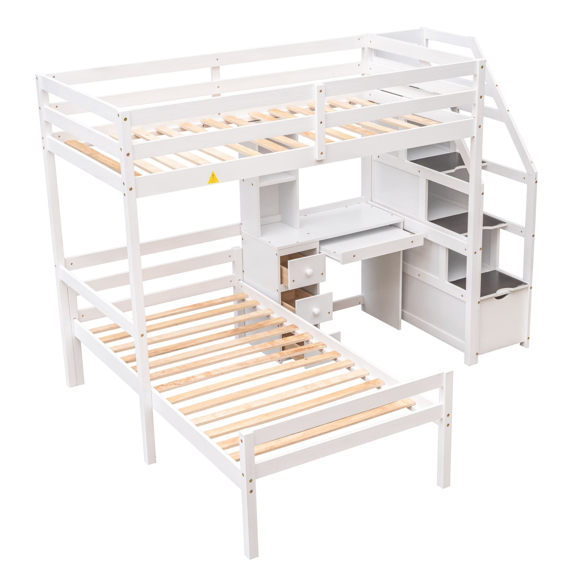 Space-Saving Twin Over Twin Wood Loft Bed with Desk, Storage Staircase, Stand-Alone Bed in White | Just Better Bunk Beds