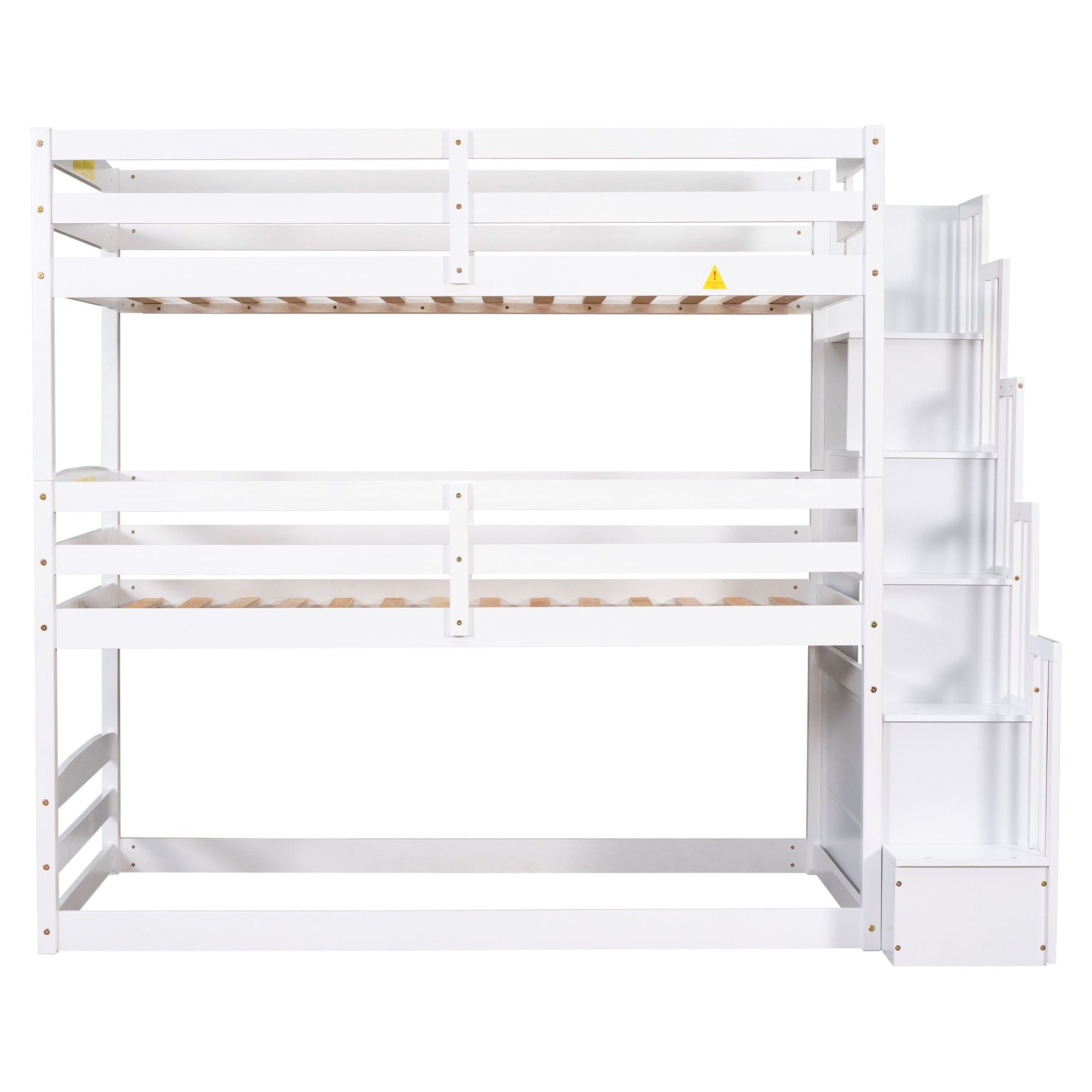 Space-Saving Twin Triple Wood Bunk Bed with Storage Staircase, White | Just Better Bunk Beds