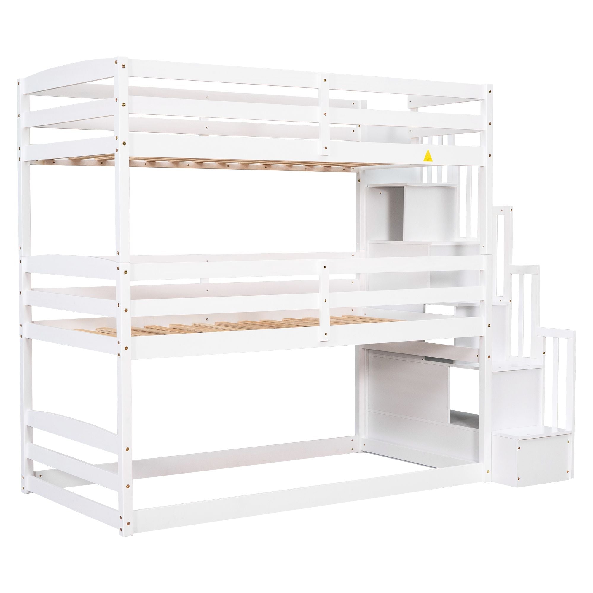 Space-Saving Twin Triple Wood Bunk Bed with Storage Staircase, White | Just Better Bunk Beds