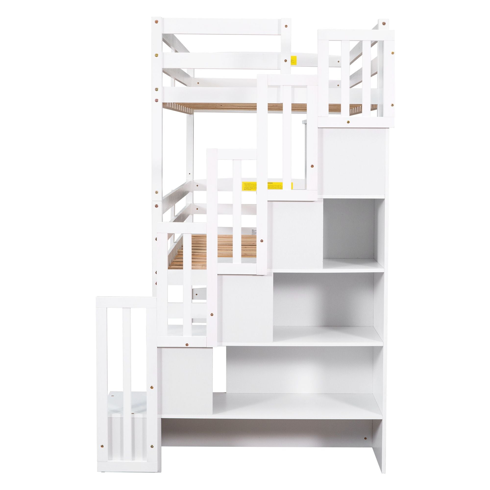 Space-Saving Twin Triple Wood Bunk Bed with Storage Staircase, White | Just Better Bunk Beds