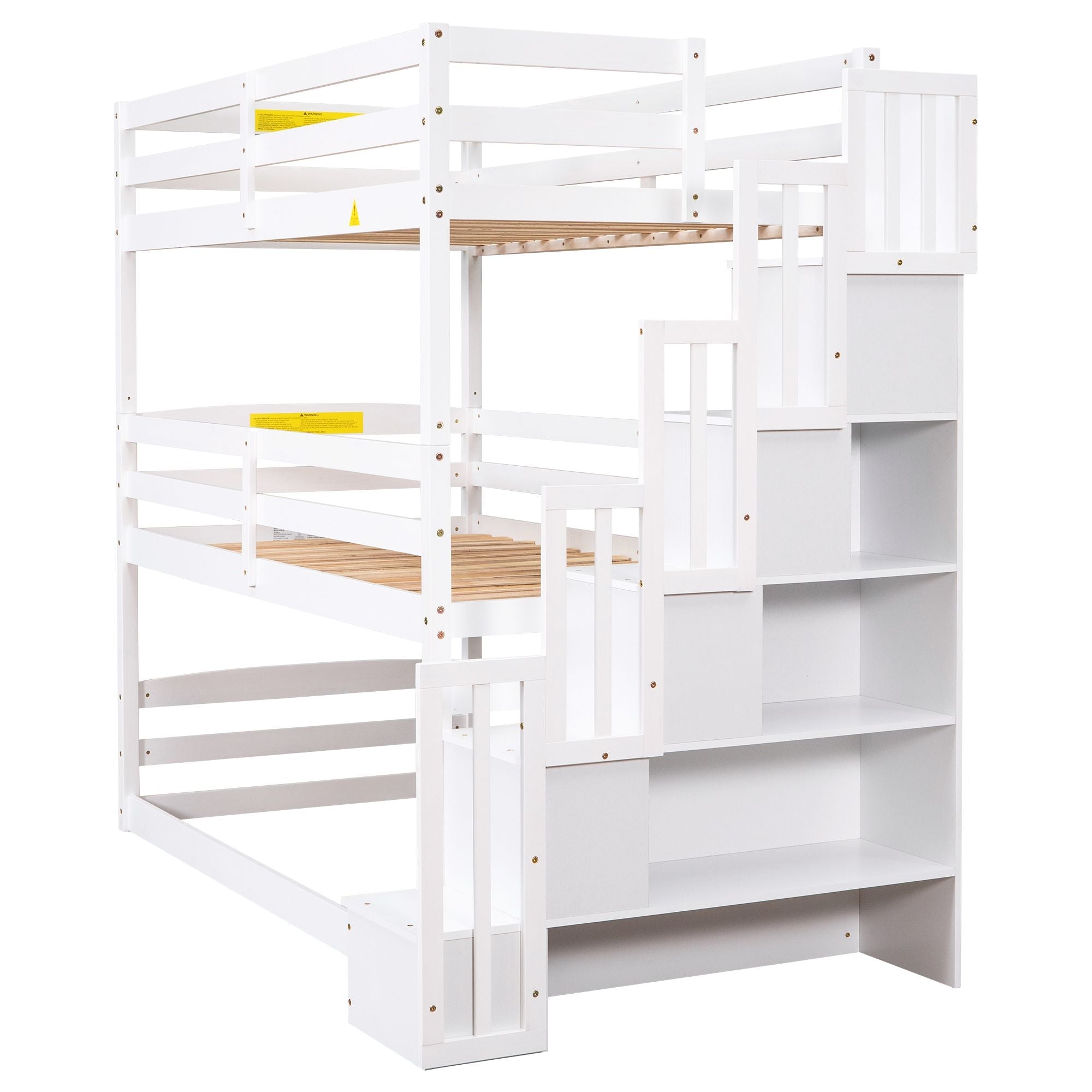 Space-Saving Twin Triple Wood Bunk Bed with Storage Staircase, White | Just Better Bunk Beds