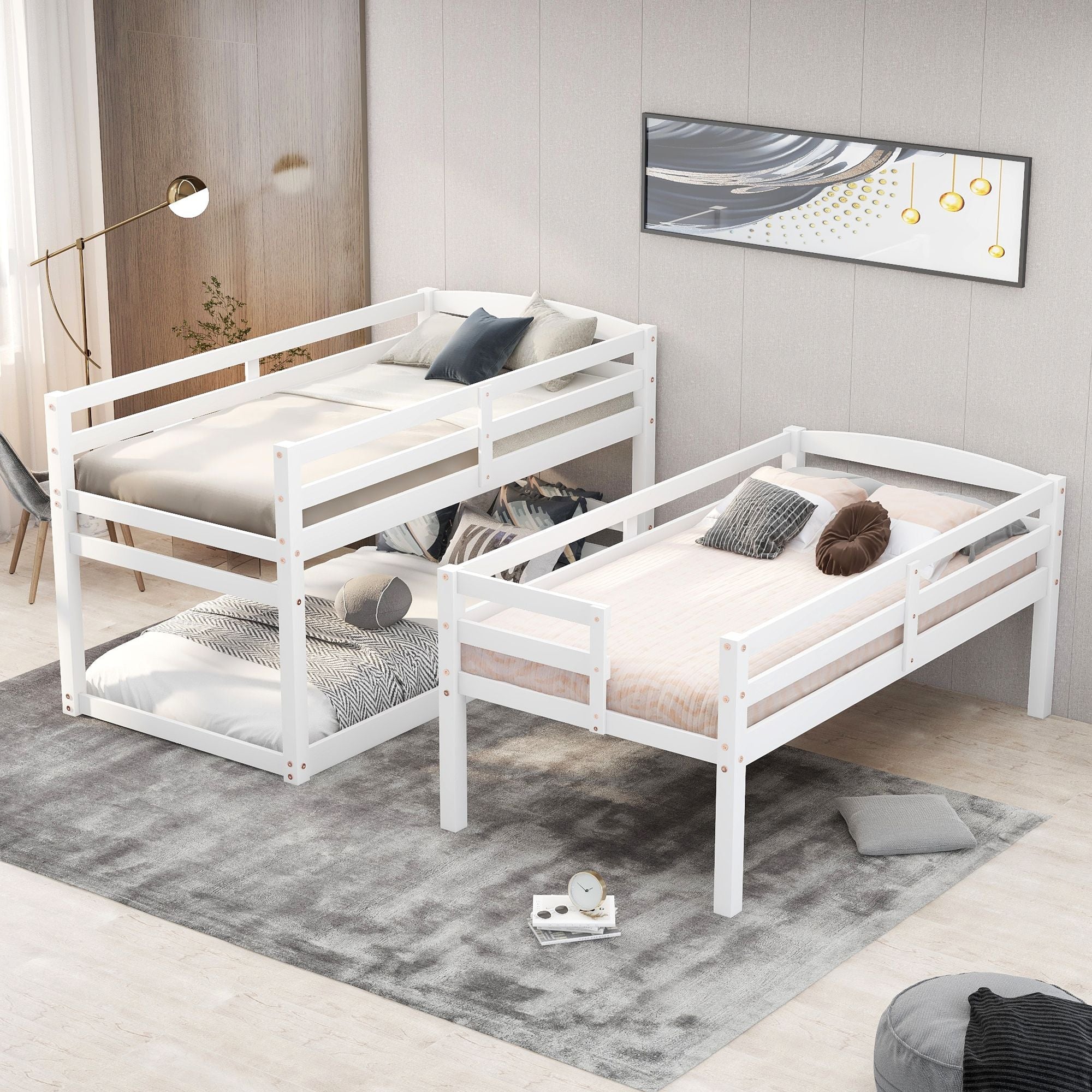 Space-Saving Twin Triple Wood Bunk Bed with Storage Staircase, White | Just Better Bunk Beds