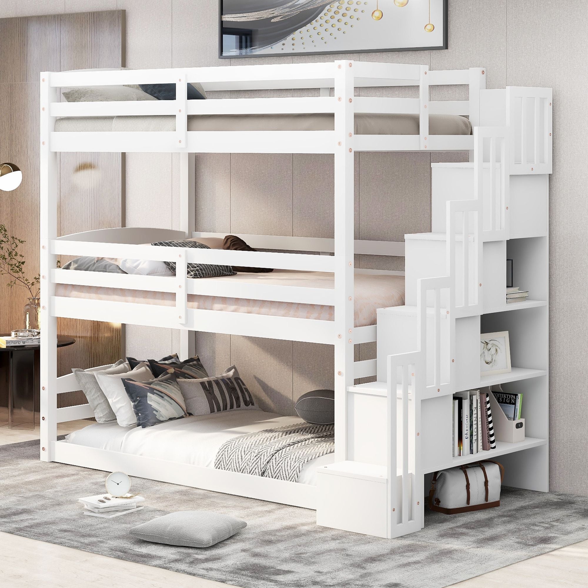 Space-Saving Twin Triple Wood Bunk Bed with Storage Staircase, White | Just Better Bunk Beds