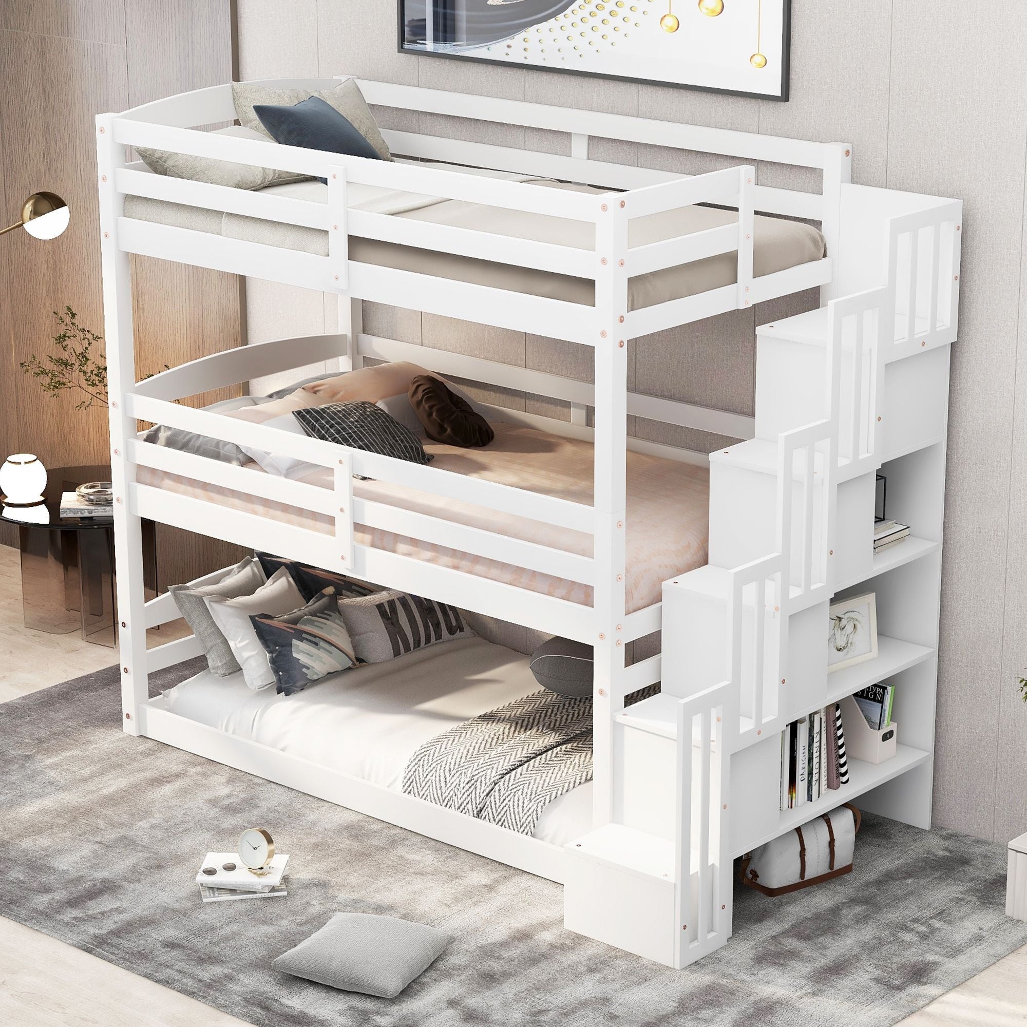 Space-Saving Twin Triple Wood Bunk Bed with Storage Staircase, White | Just Better Bunk Beds