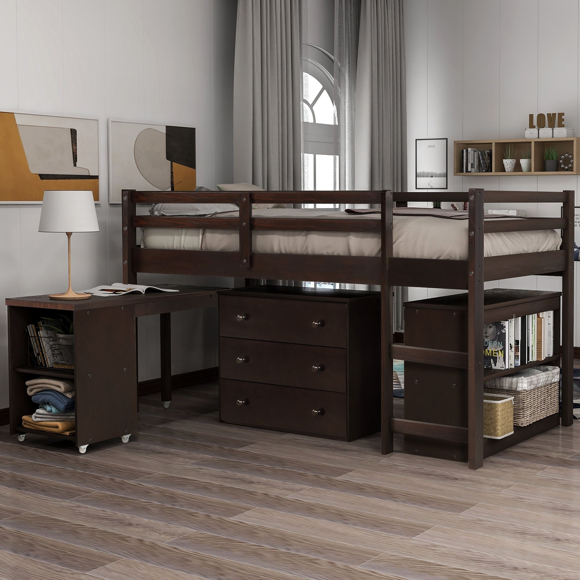 Space-Saving Twin Wood Loft Bed with Cabinet and Rolling Desk in White, Gray, Espresso | Just Better Bunk Beds