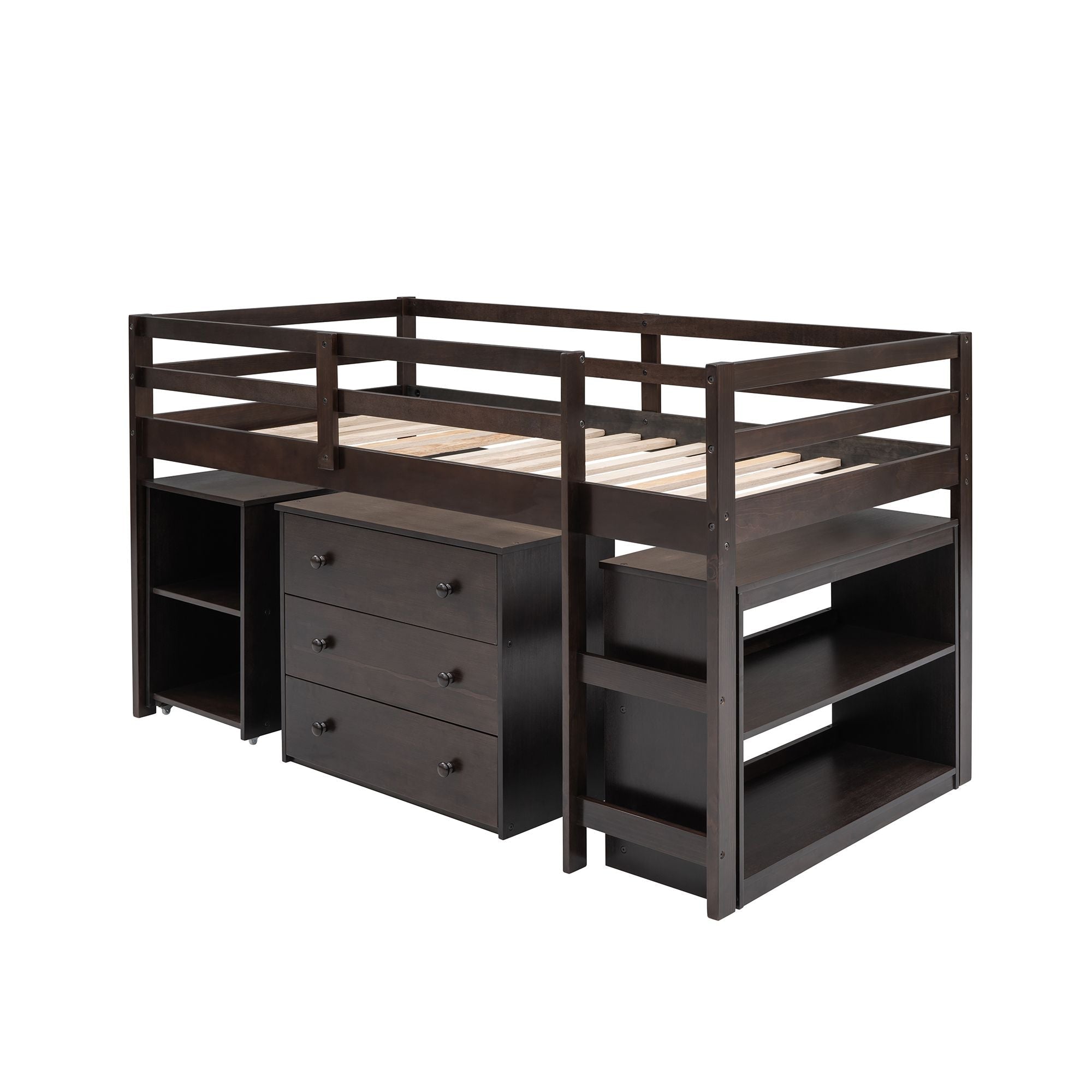 Space-Saving Twin Wood Loft Bed with Cabinet and Rolling Desk in White, Gray, Espresso | Just Better Bunk Beds