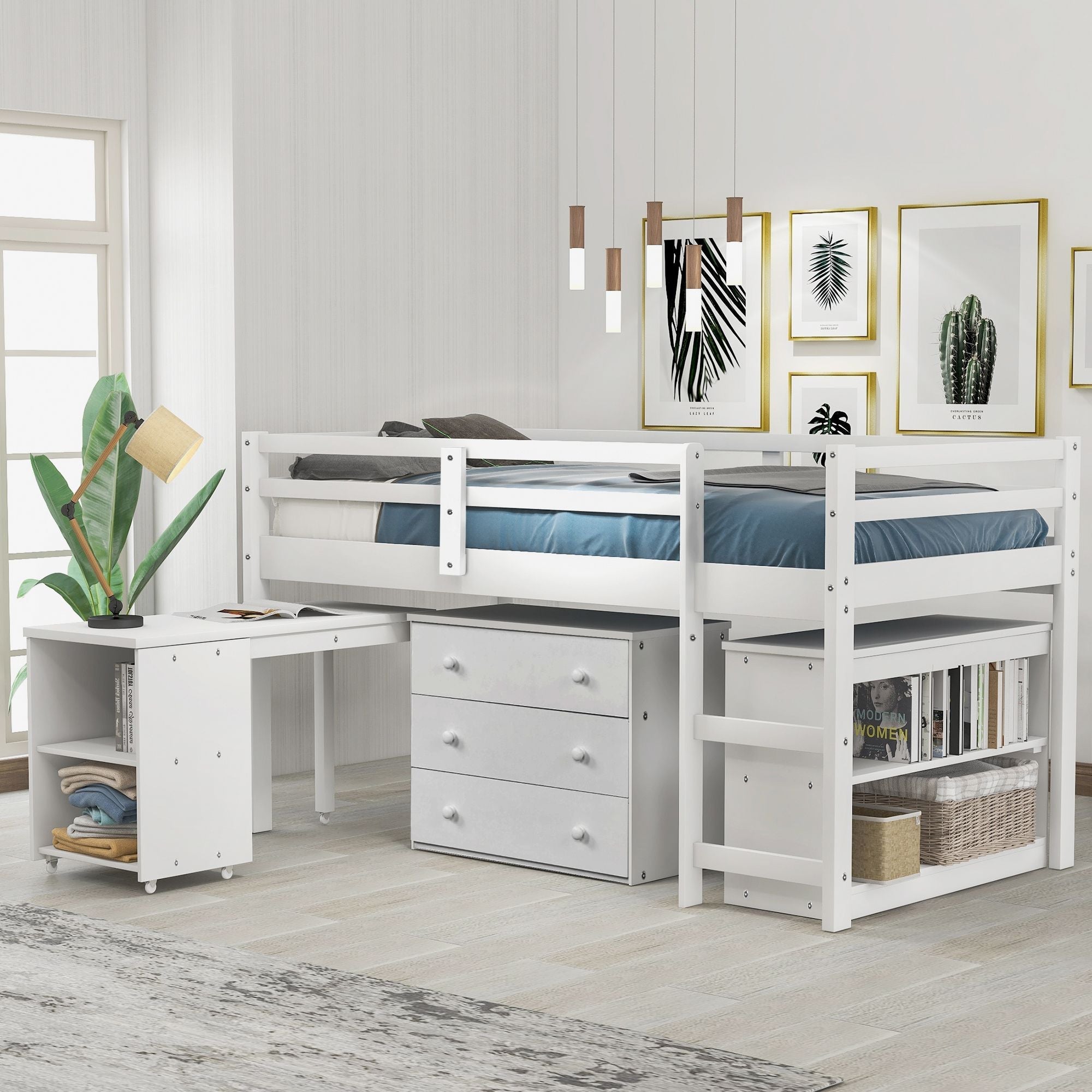 Space-Saving Twin Wood Loft Bed with Cabinet and Rolling Desk in White, Gray, Espresso | Just Better Bunk Beds