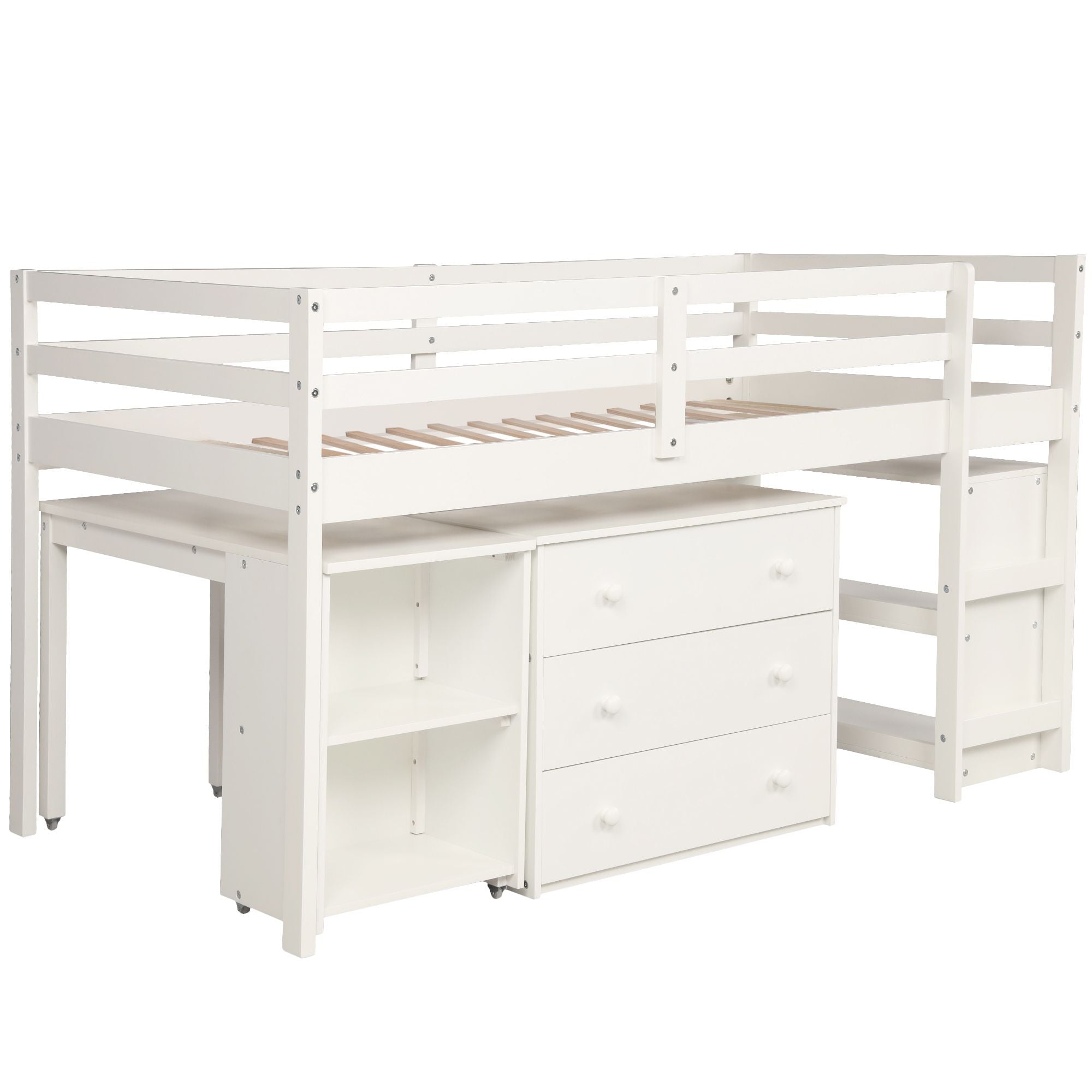 Space-Saving Twin Wood Loft Bed with Cabinet and Rolling Desk in White, Gray, Espresso | Just Better Bunk Beds