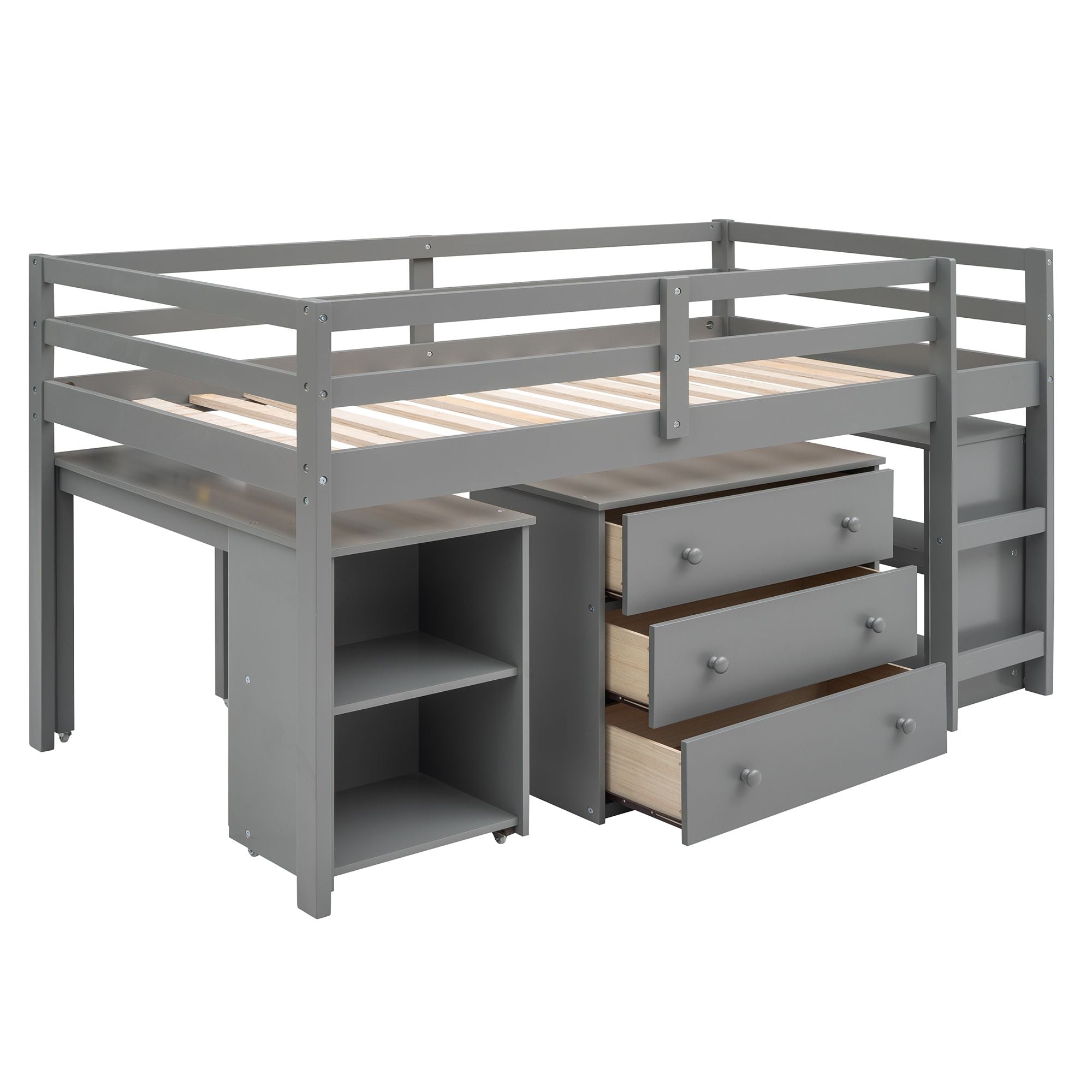 Space-Saving Twin Wood Loft Bed with Cabinet and Rolling Desk in White, Gray, Espresso | Just Better Bunk Beds