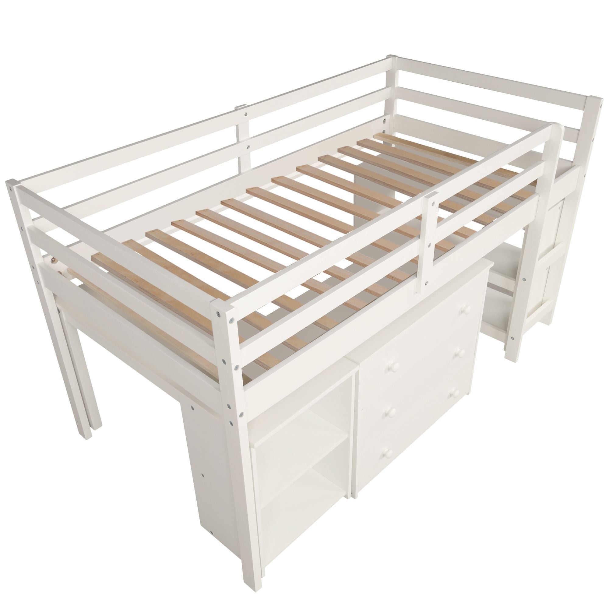 Space-Saving Twin Wood Loft Bed with Cabinet and Rolling Desk in White, Gray, Espresso | Just Better Bunk Beds
