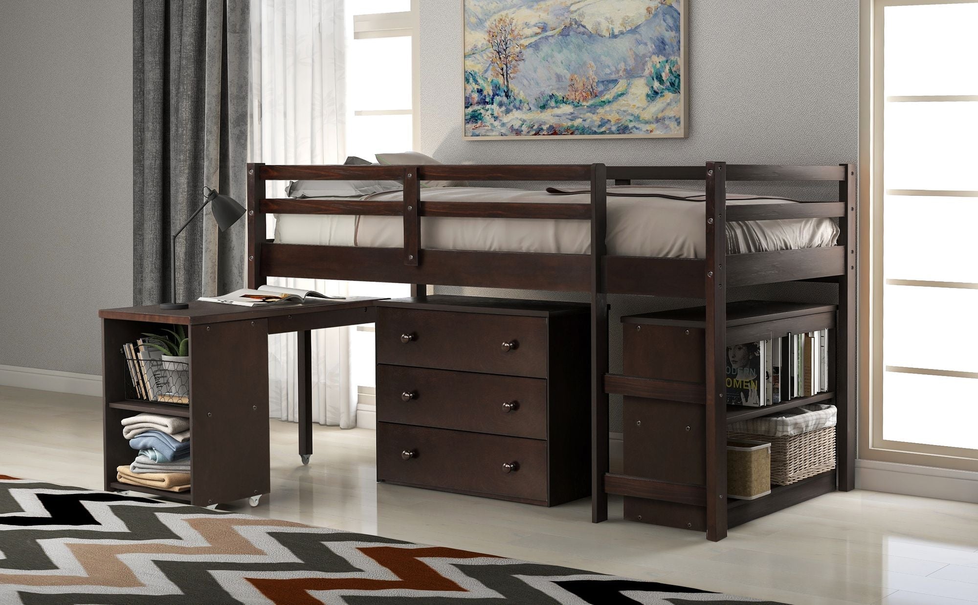 Space-Saving Twin Wood Loft Bed with Cabinet and Rolling Desk in White, Gray, Espresso | Just Better Bunk Beds