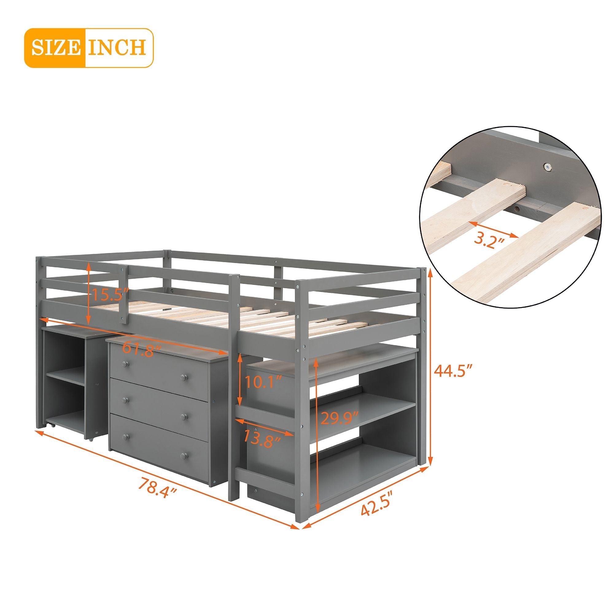 Space-Saving Twin Wood Loft Bed with Cabinet and Rolling Desk in White, Gray, Espresso | Just Better Bunk Beds