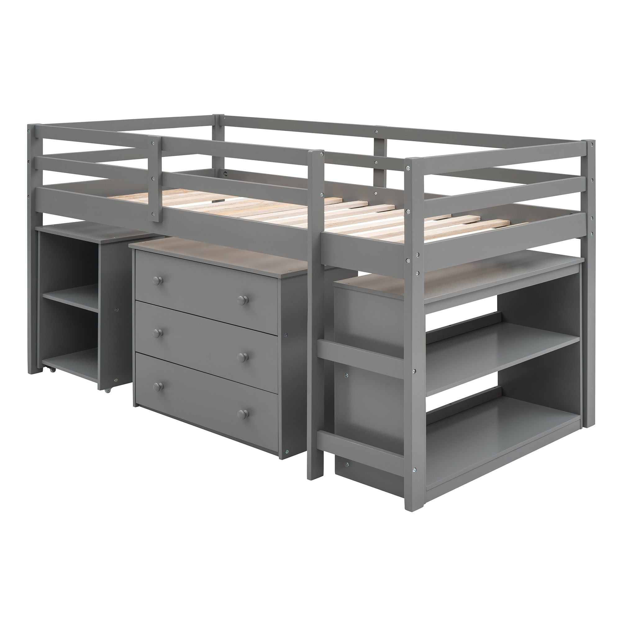 Space-Saving Twin Wood Loft Bed with Cabinet and Rolling Desk in White, Gray, Espresso | Just Better Bunk Beds