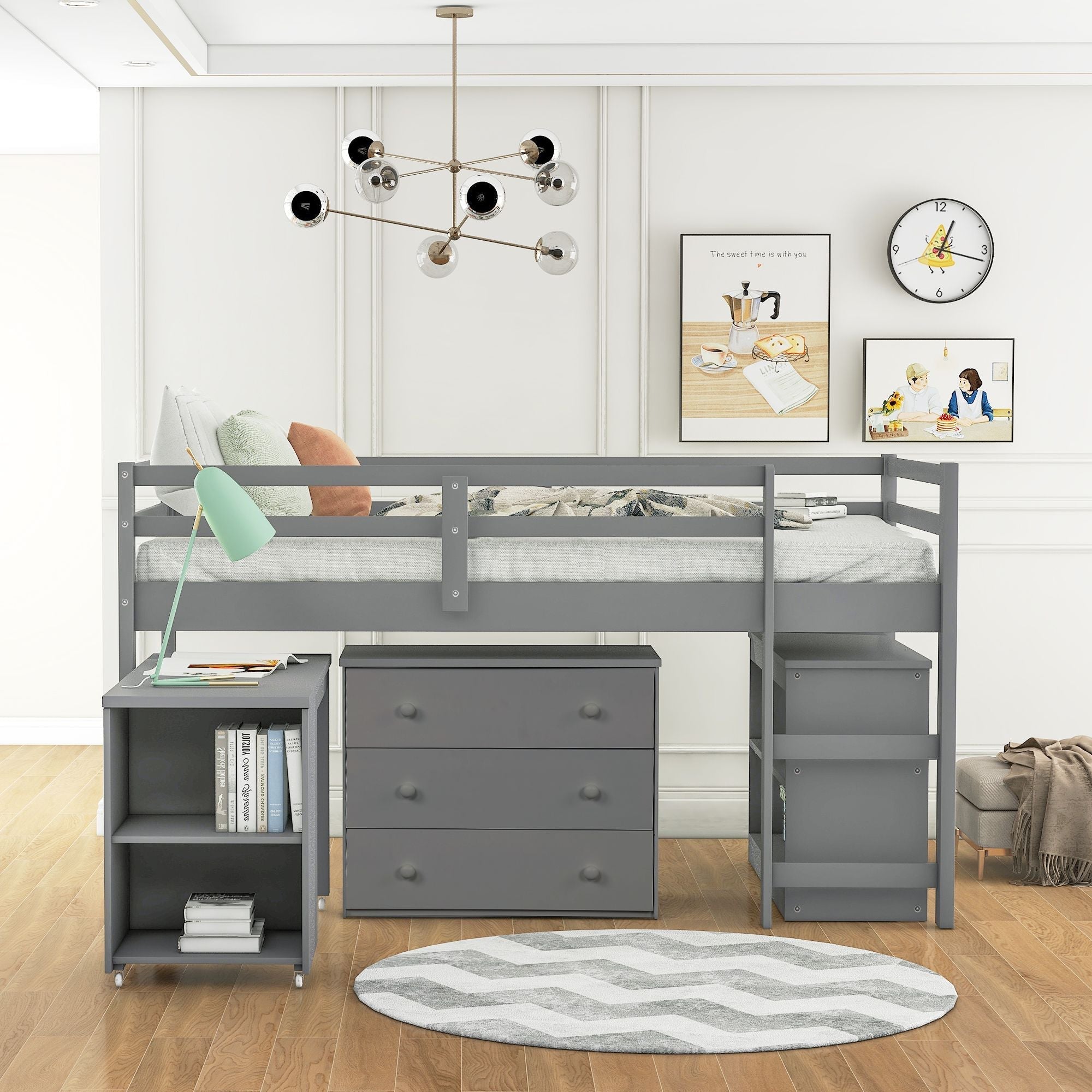 Space-Saving Twin Wood Loft Bed with Cabinet and Rolling Desk in White, Gray, Espresso | Just Better Bunk Beds