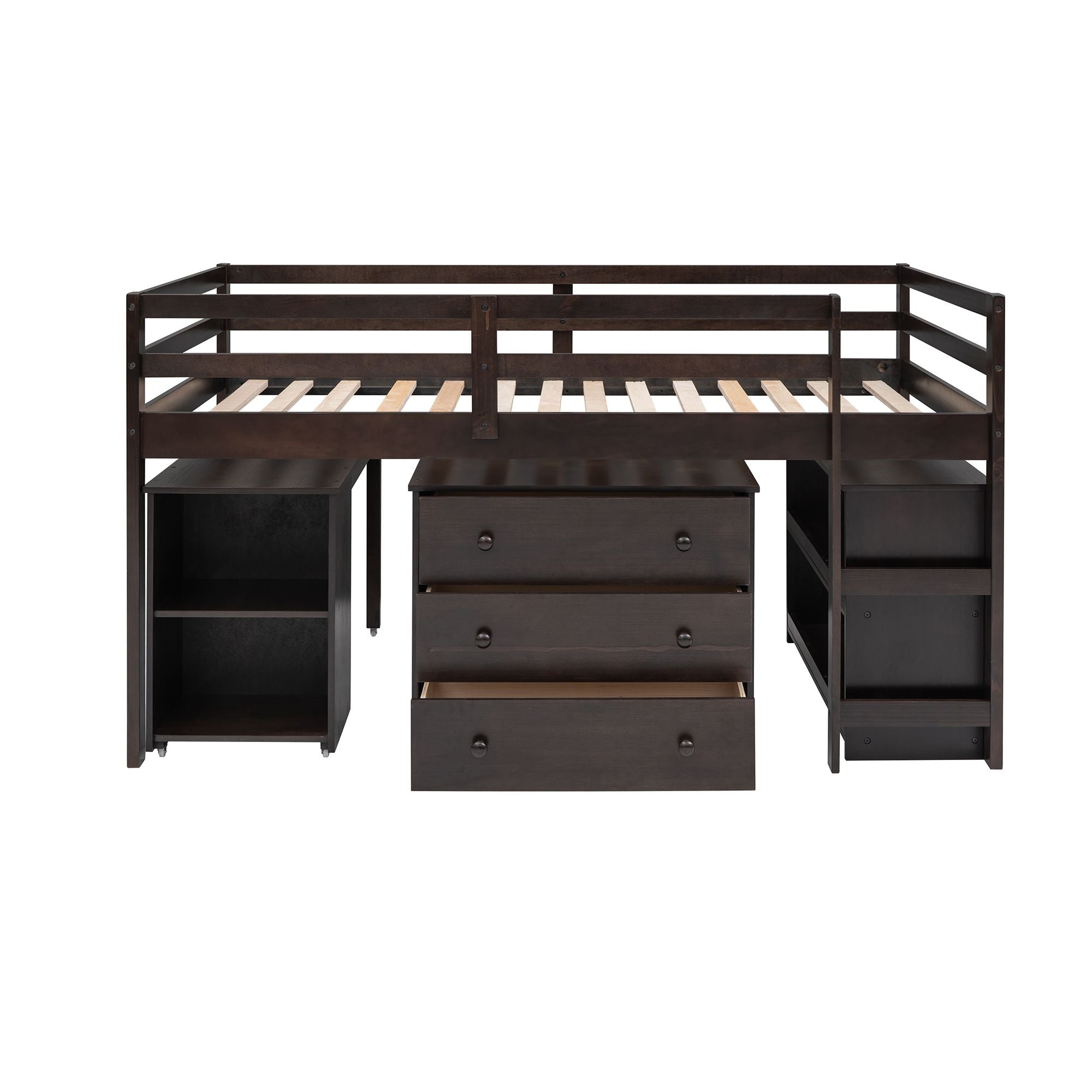Space-Saving Twin Wood Loft Bed with Cabinet and Rolling Desk in White, Gray, Espresso | Just Better Bunk Beds