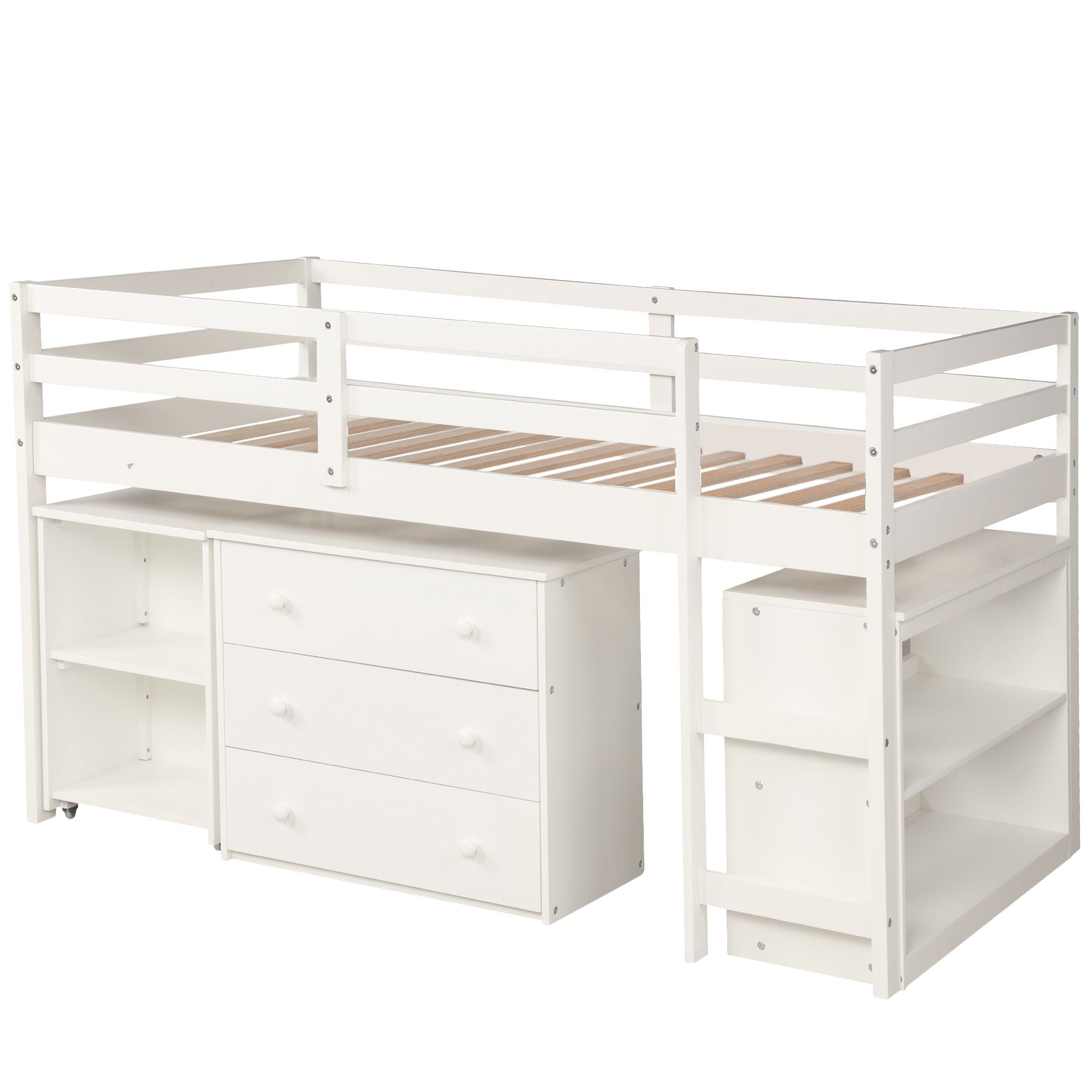 Space-Saving Twin Wood Loft Bed with Cabinet and Rolling Desk in White, Gray, Espresso | Just Better Bunk Beds