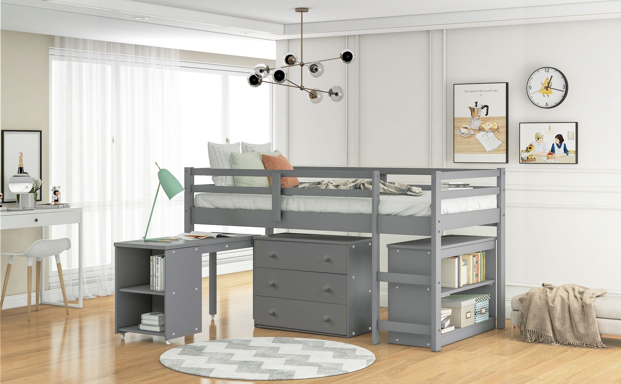 Space-Saving Twin Wood Loft Bed with Cabinet and Rolling Desk in White, Gray, Espresso | Just Better Bunk Beds