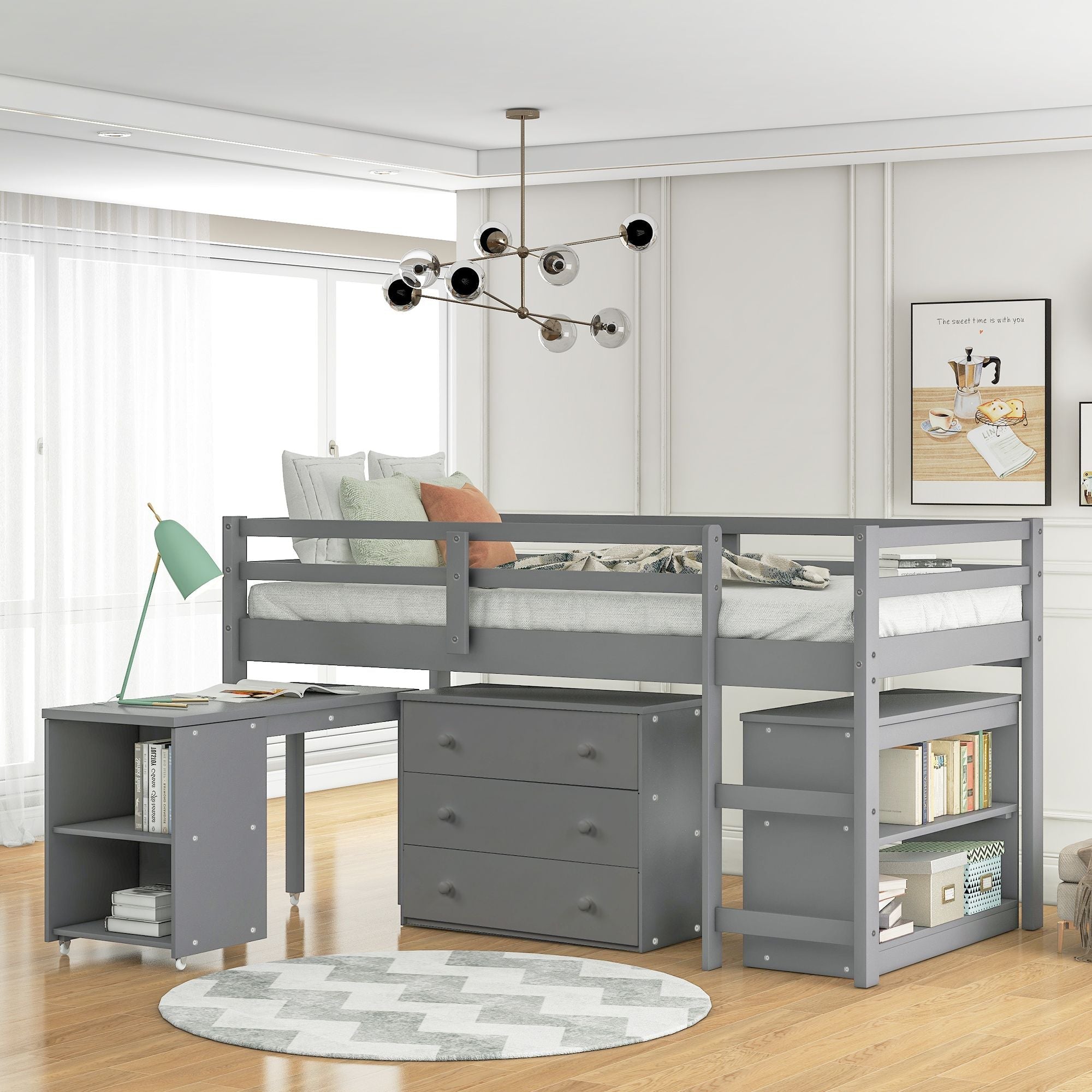 Space-Saving Twin Wood Loft Bed with Cabinet and Rolling Desk in White, Gray, Espresso | Just Better Bunk Beds