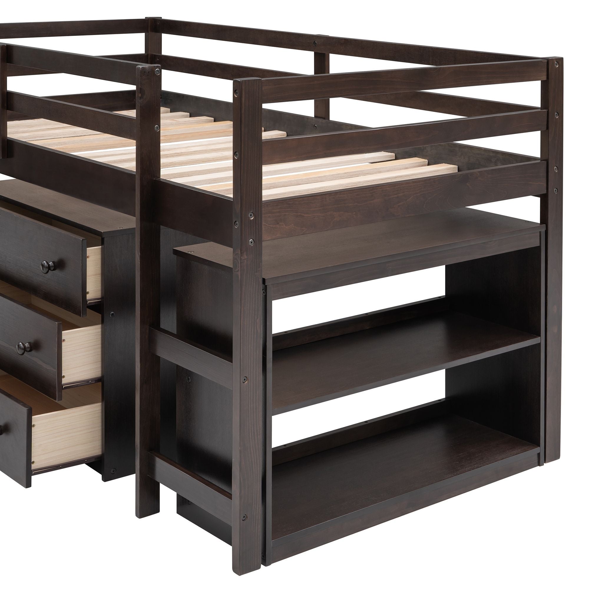 Space-Saving Twin Wood Loft Bed with Cabinet and Rolling Desk in White, Gray, Espresso | Just Better Bunk Beds
