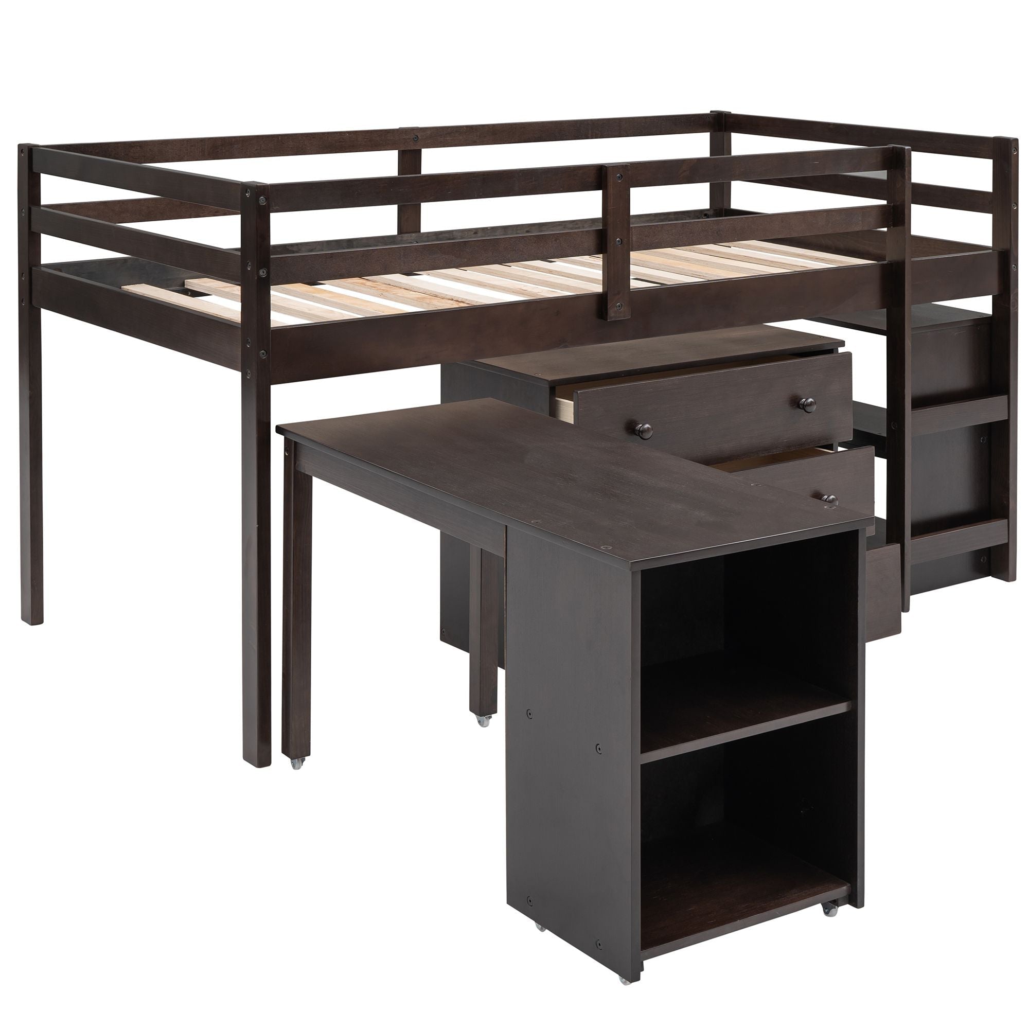 Space-Saving Twin Wood Loft Bed with Cabinet and Rolling Desk in White, Gray, Espresso | Just Better Bunk Beds
