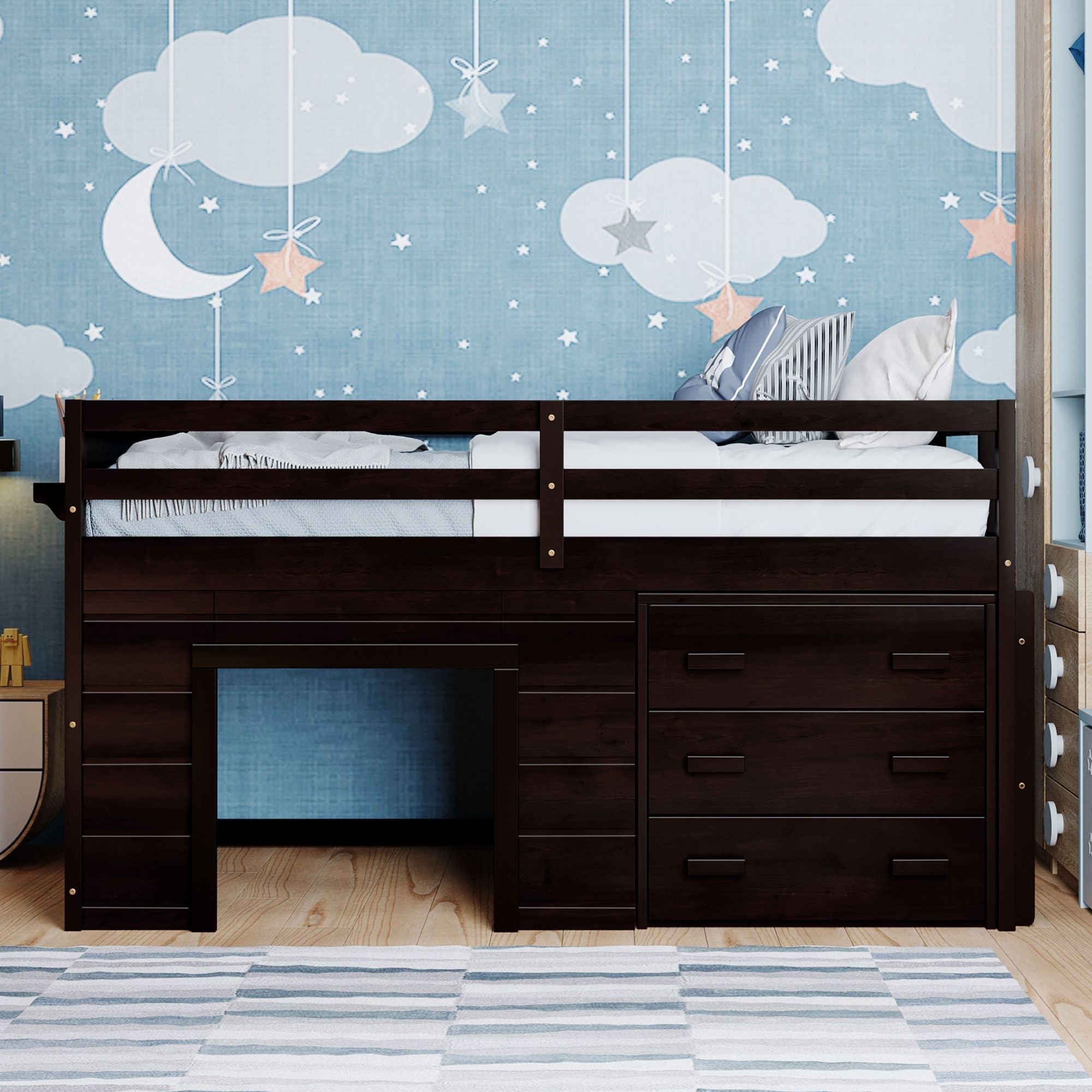 Space-Saving Twin Wood Loft Bed with Cabinet and Shelf, White Gray Espresso | Just Better Bunk Beds