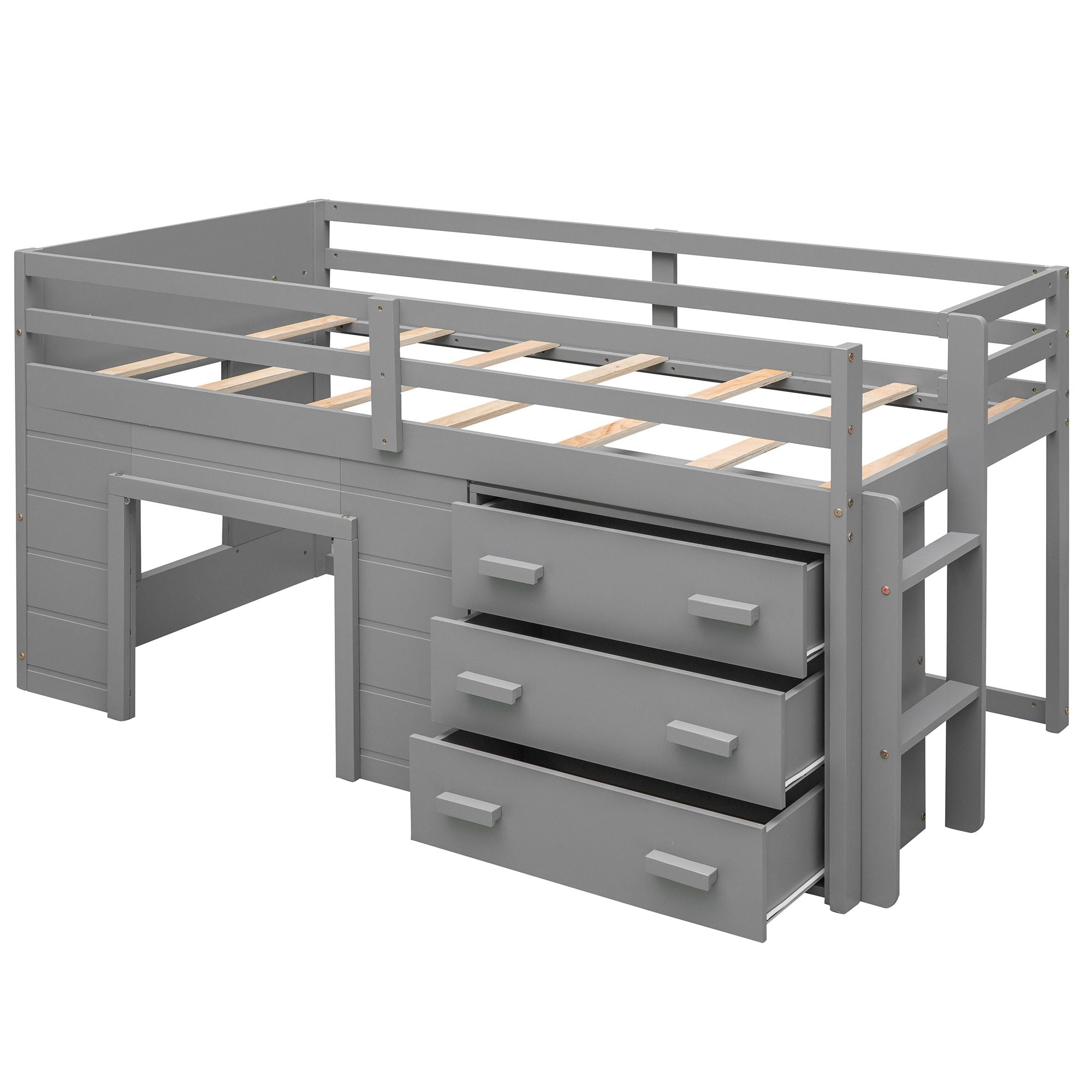 Space-Saving Twin Wood Loft Bed with Cabinet and Shelf, White Gray Espresso | Just Better Bunk Beds